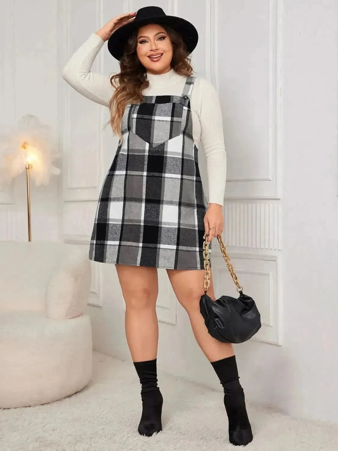 Honey Plus Size Plaid Wide Strap Overall Dress - Bad Moms Club