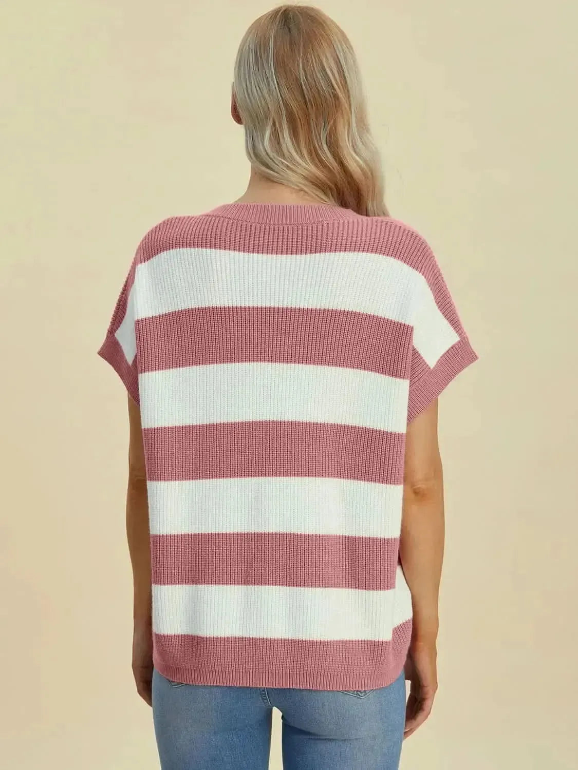 Double Take Full Size Striped V-Neck Short Sleeve Sweater - Bad Moms Club