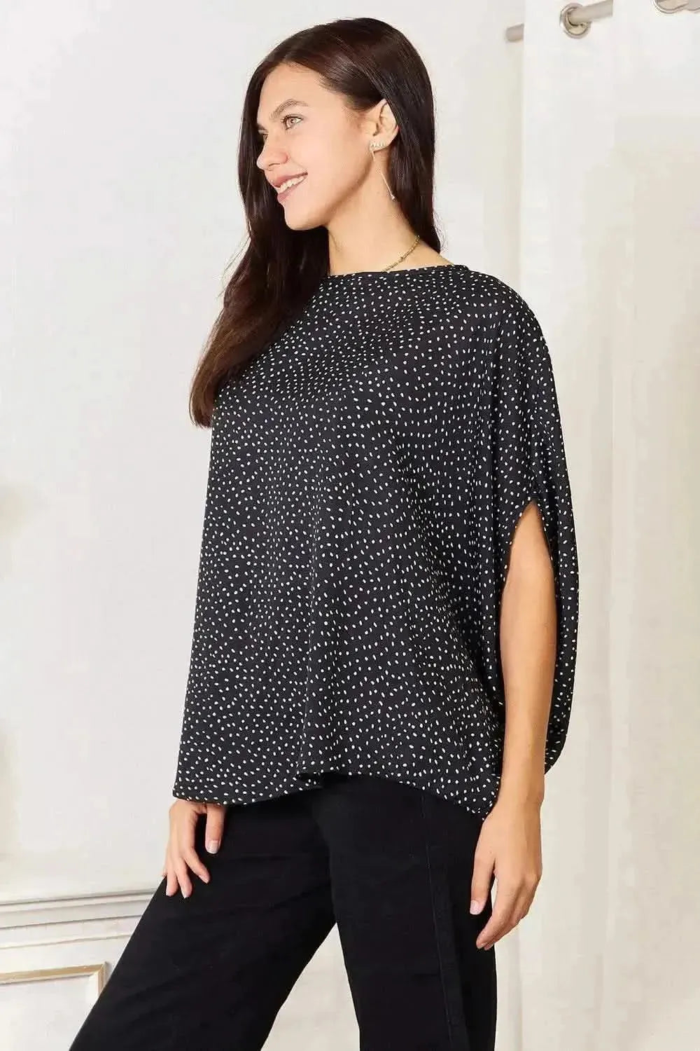 Perfee Printed Dolman Sleeve Round Neck Blouse - Bad Moms Club