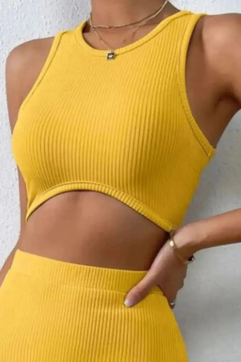 Ribbed Round Neck Tank and Slit Skirt Sweater Set - Bad Moms Club