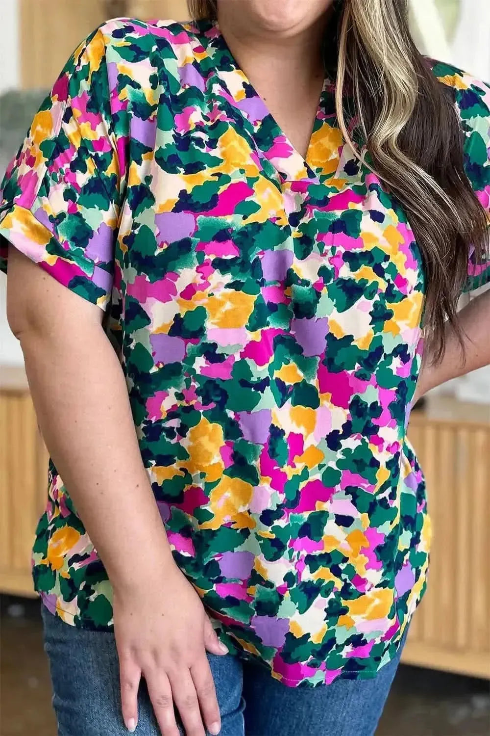 Double Take Full Size Printed V-Neck Short Sleeve Side Slit Top - Bad Moms Club