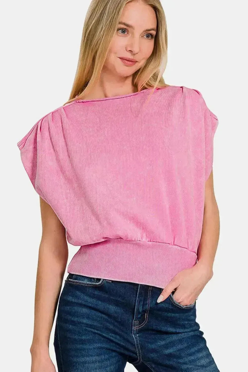 Zenana Washed Boat Neck Bottom Banded Dolman Sleeve Top - Bad Moms Club