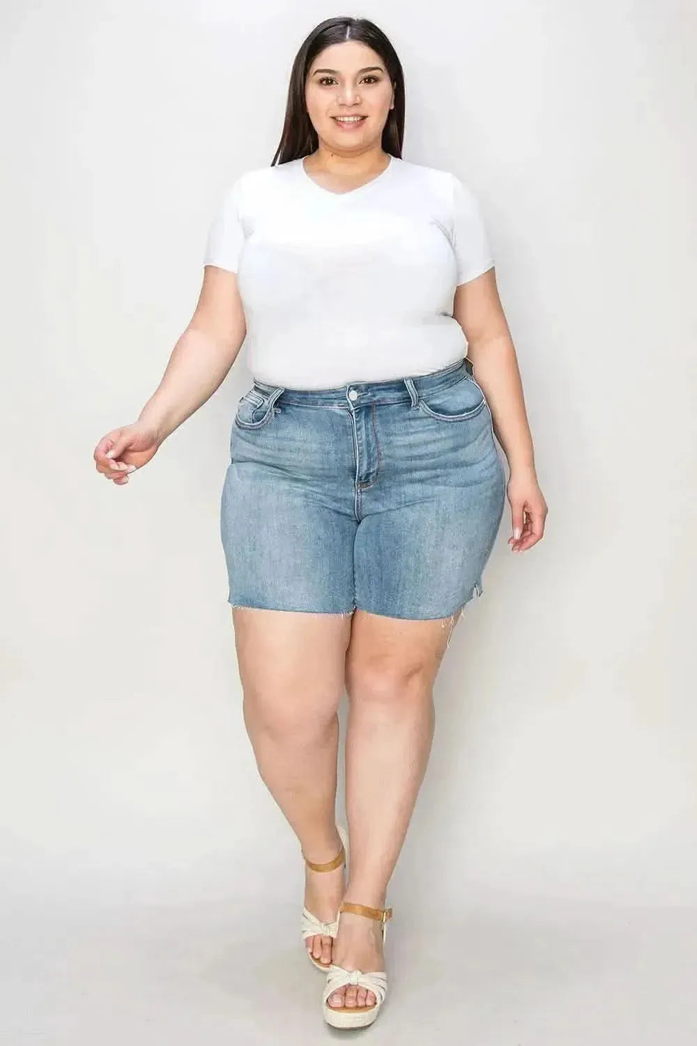 Judy Blue Full Size High Waist Raw Hem Denim Shorts - Bad Moms Club