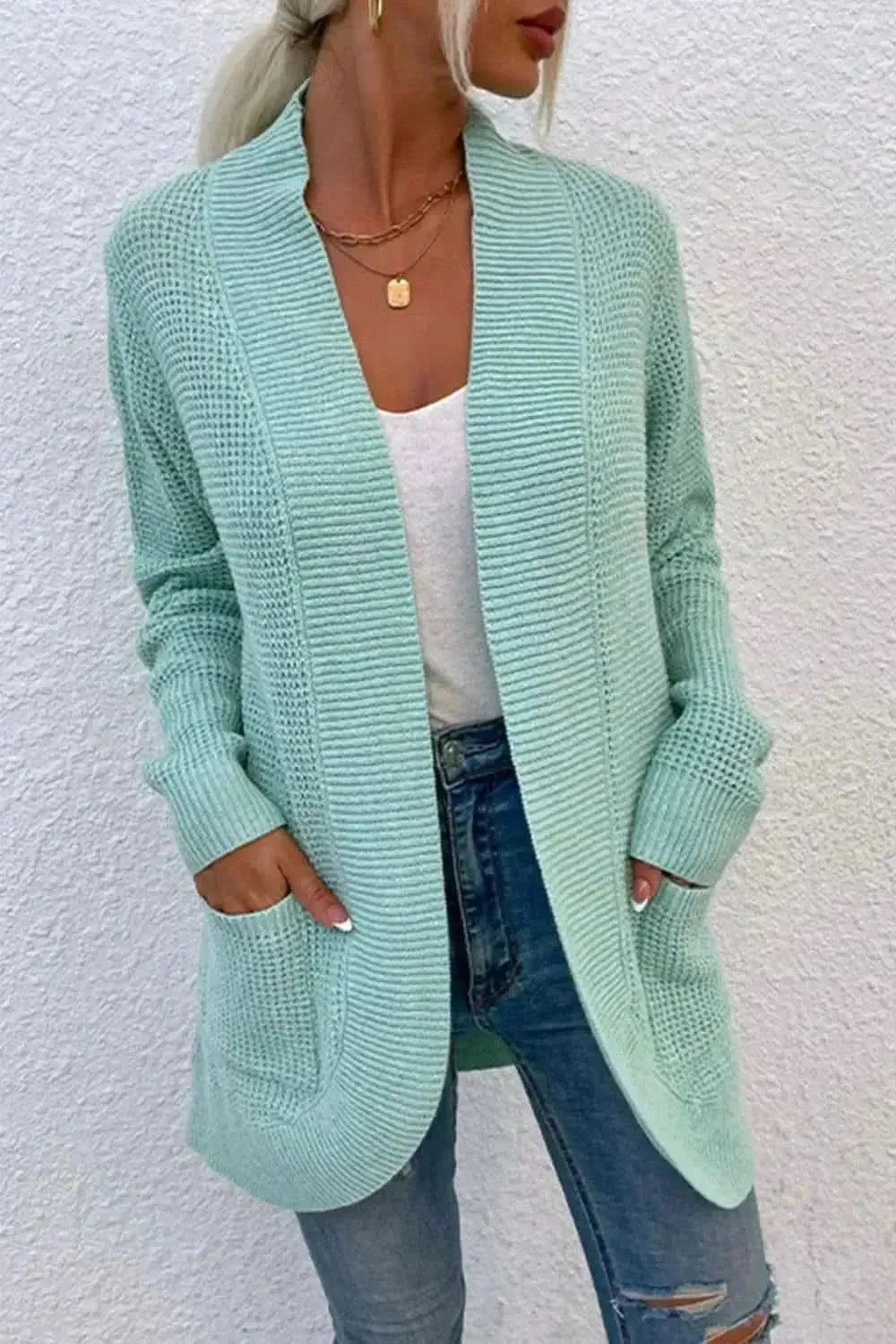 Open Front Rib-Knit Cardigan with Pockets - Bad Moms Club