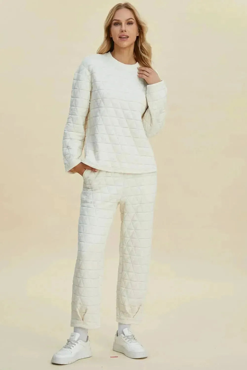 Double Take Full Size Texture Round Neck Long Sleeve Top and Pants Set - Bad Moms Club