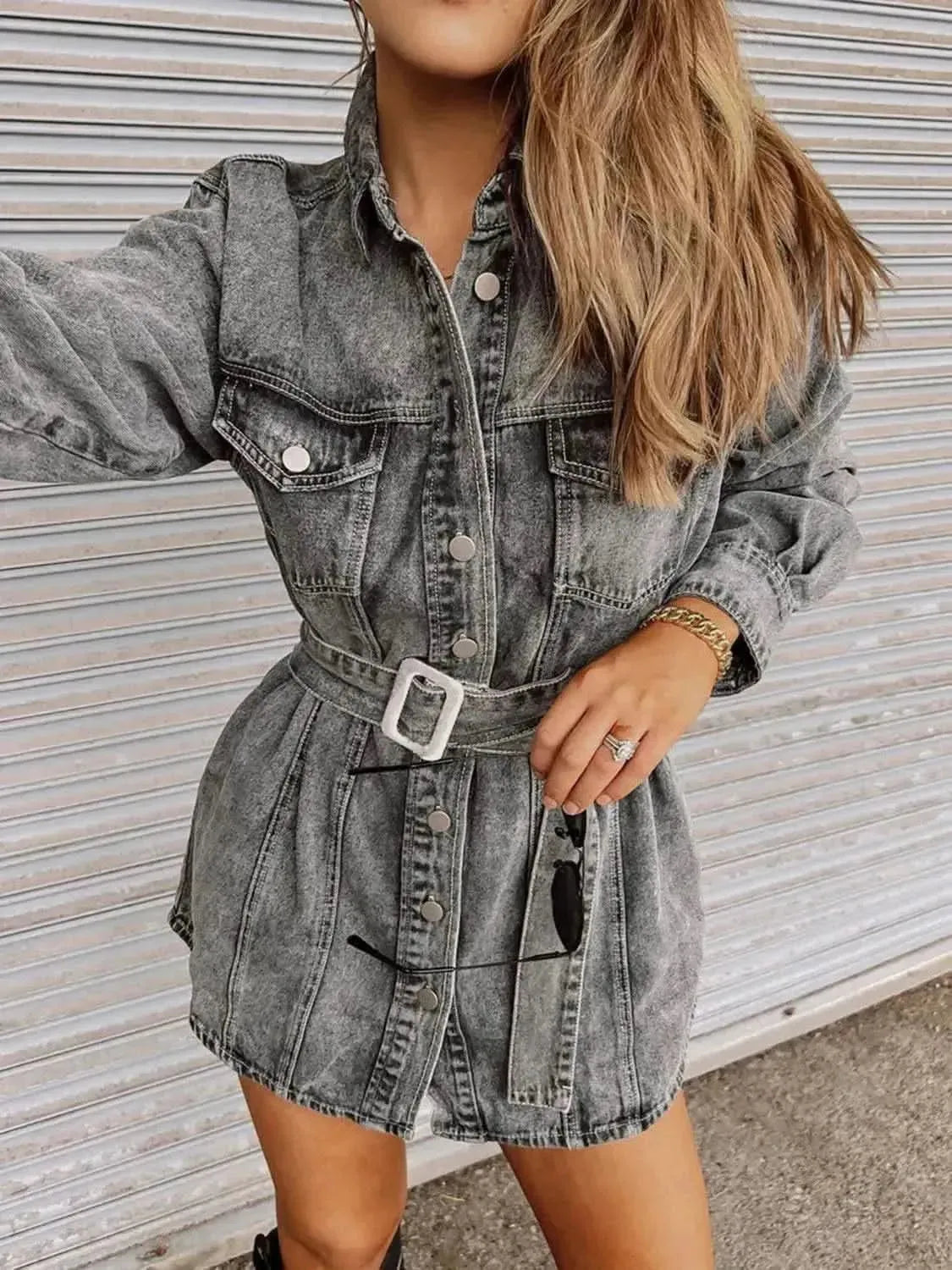 Long Sleeve Collared Denim Dress - Bad Moms Club