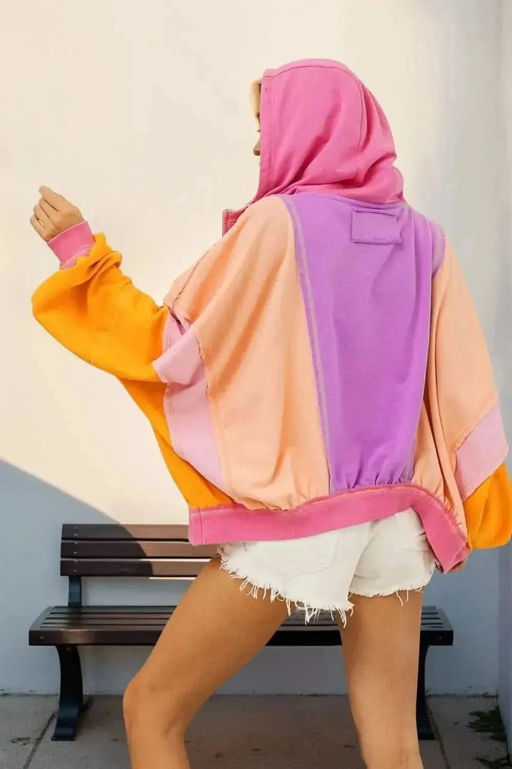 Double Take Full Size Color Block Zip Up Hoodie - Bad Moms Club