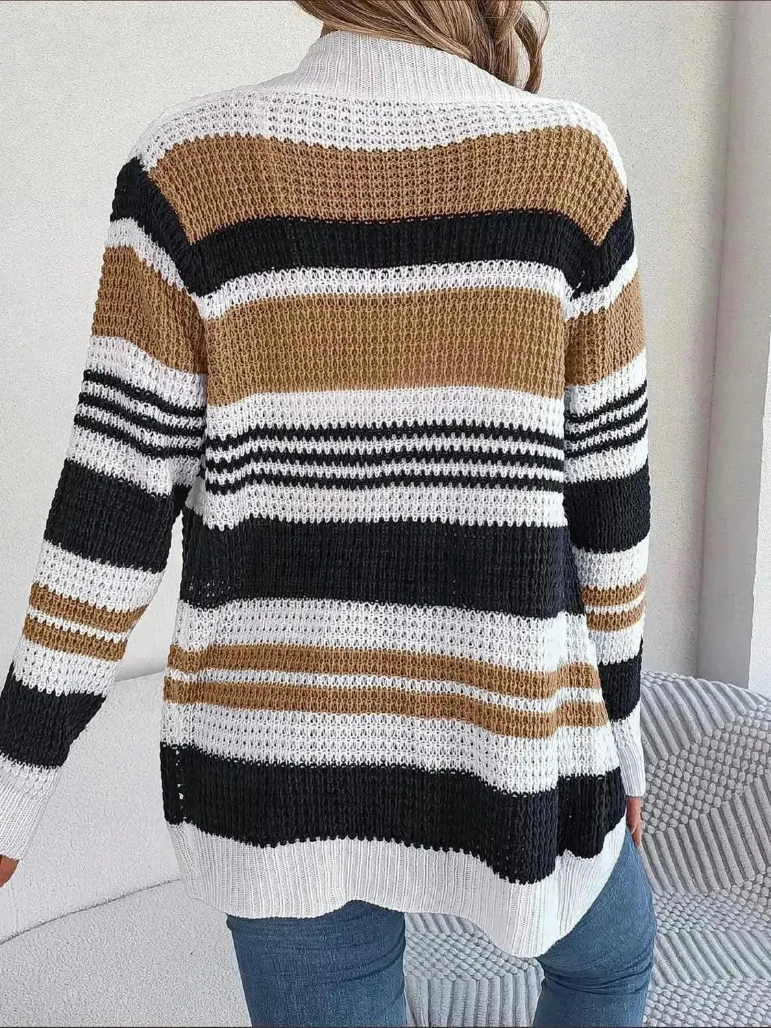 Striped Open Front Long Sleeve Cardigan - Bad Moms Club