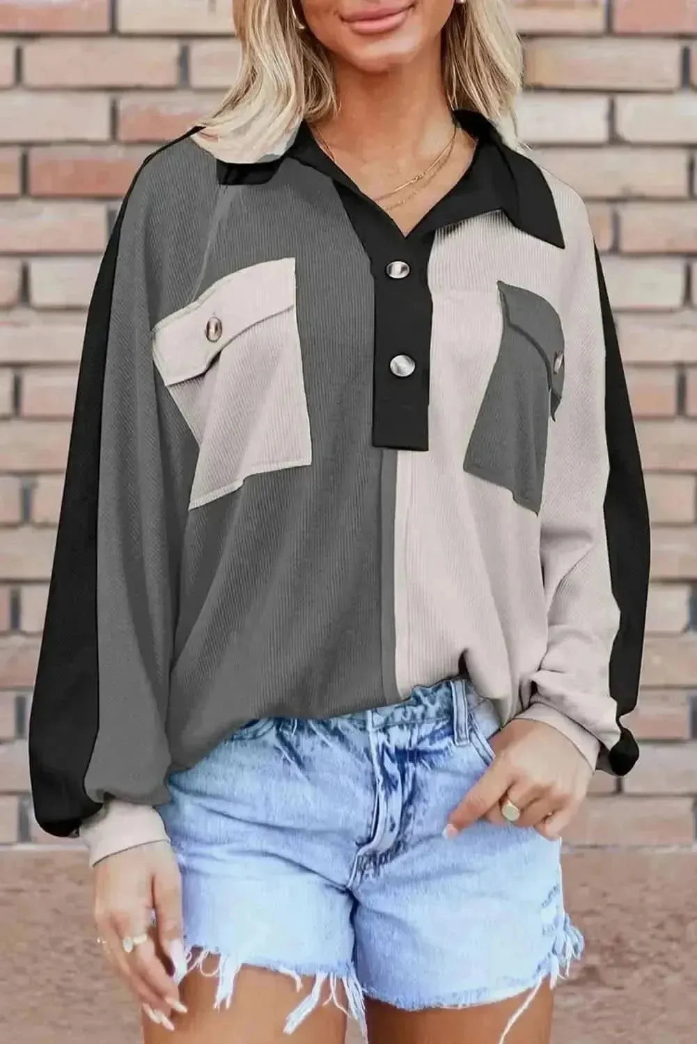 Pocketed Contrast Long Sleeve Sweatshirt - Bad Moms Club