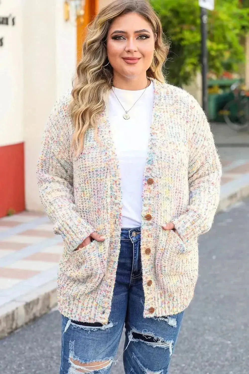 Plus Size Heathered Long Sleeve Pocketed Cardigan - Bad Moms Club