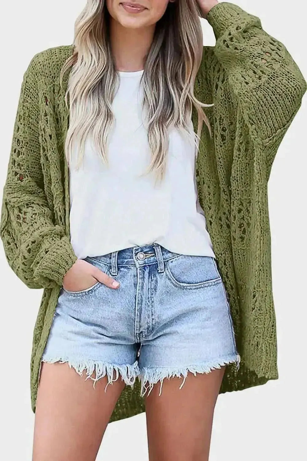 Openwork Open Front Long Sleeve Cardigan - Bad Moms Club
