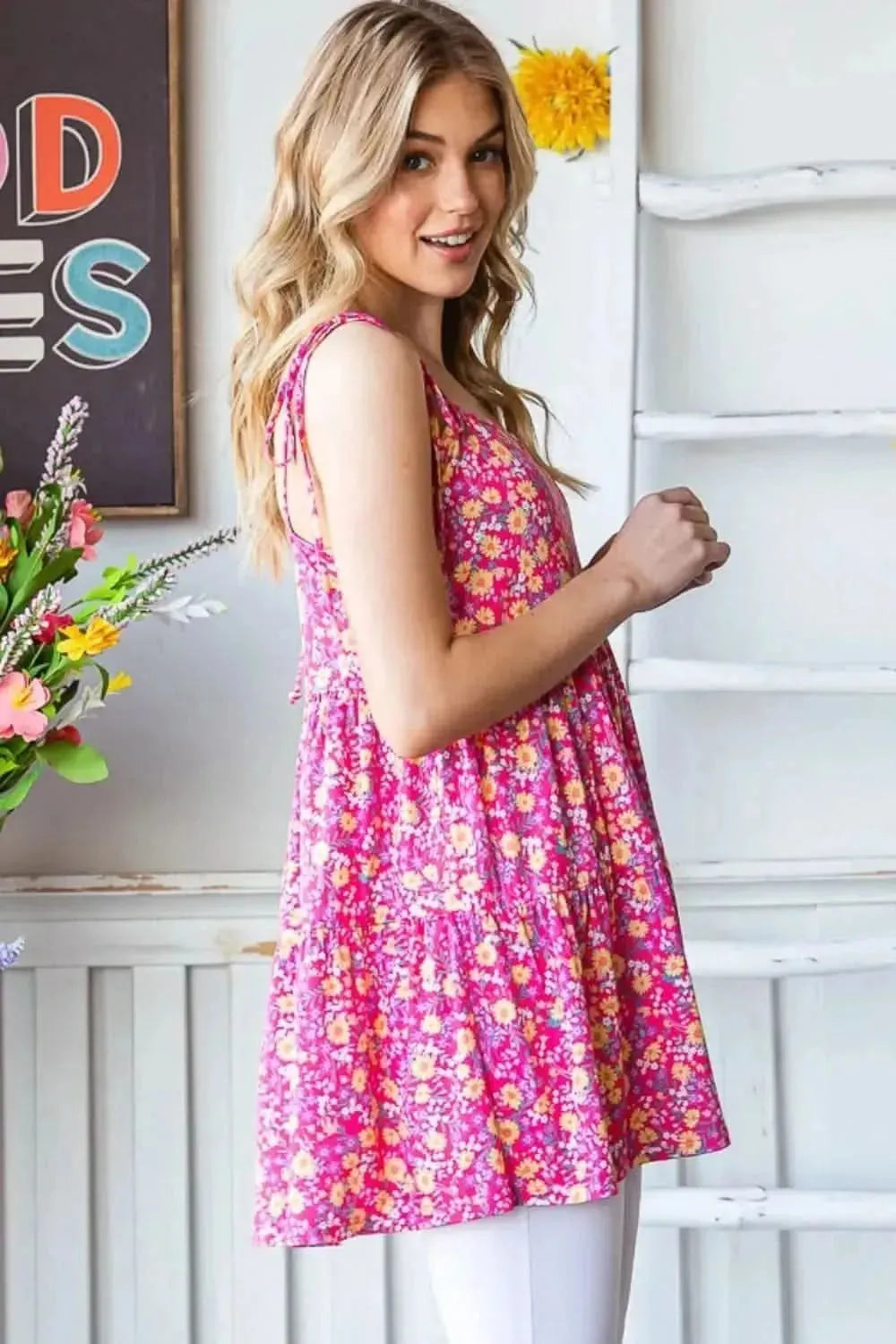 Heimish Full size Floral Tie Shoulder Tiered Cami - Bad Moms Club
