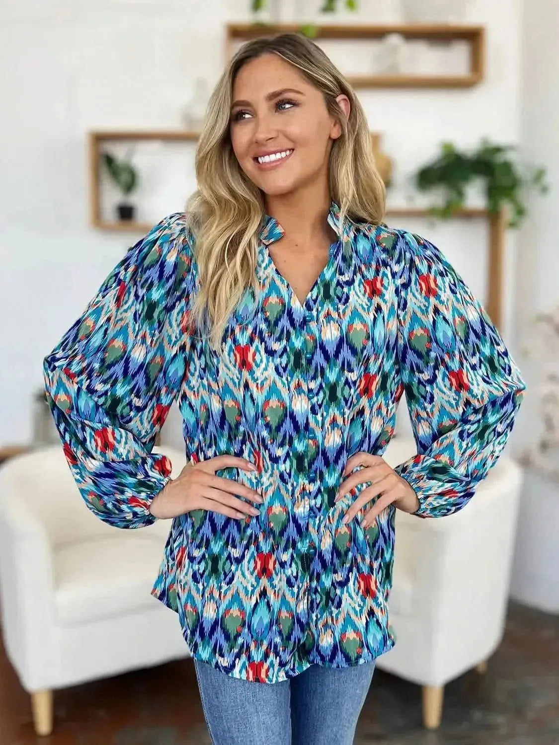 Double Take Full Size Printed Balloon Sleeve Blouse - Bad Moms Club