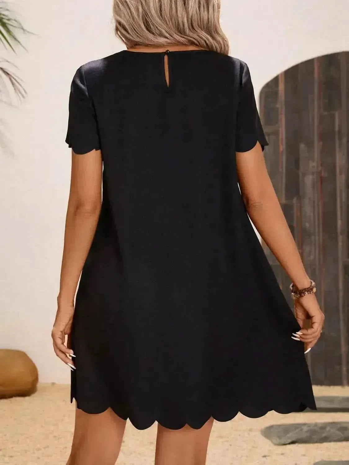 Scalloped Hem Round Neck Short Sleeve Dress - Bad Moms Club