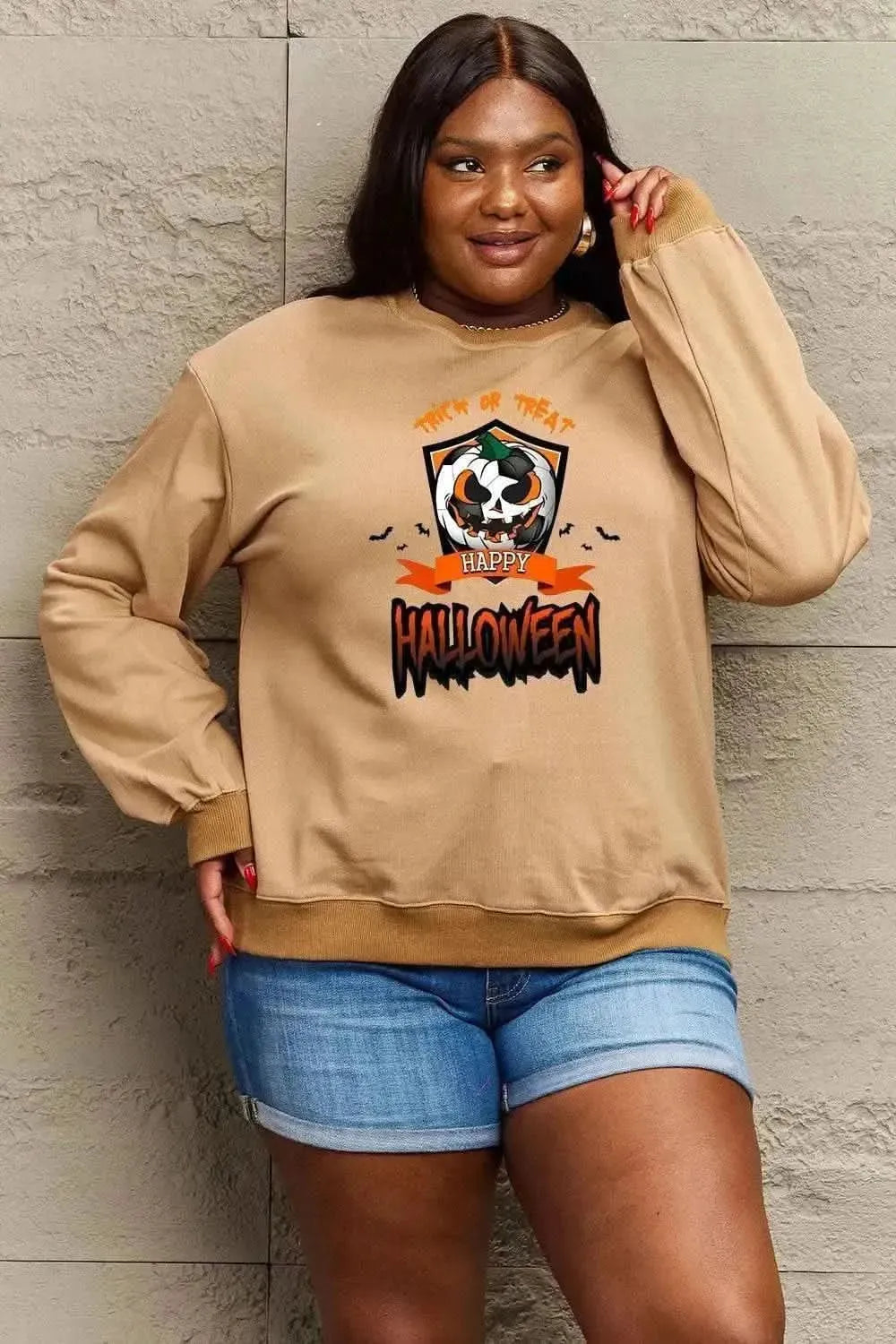 Simply Love Full Size TRICK OR TREAT HAPPY HALLOWEEN Graphic Sweatshirt - Bad Moms Club