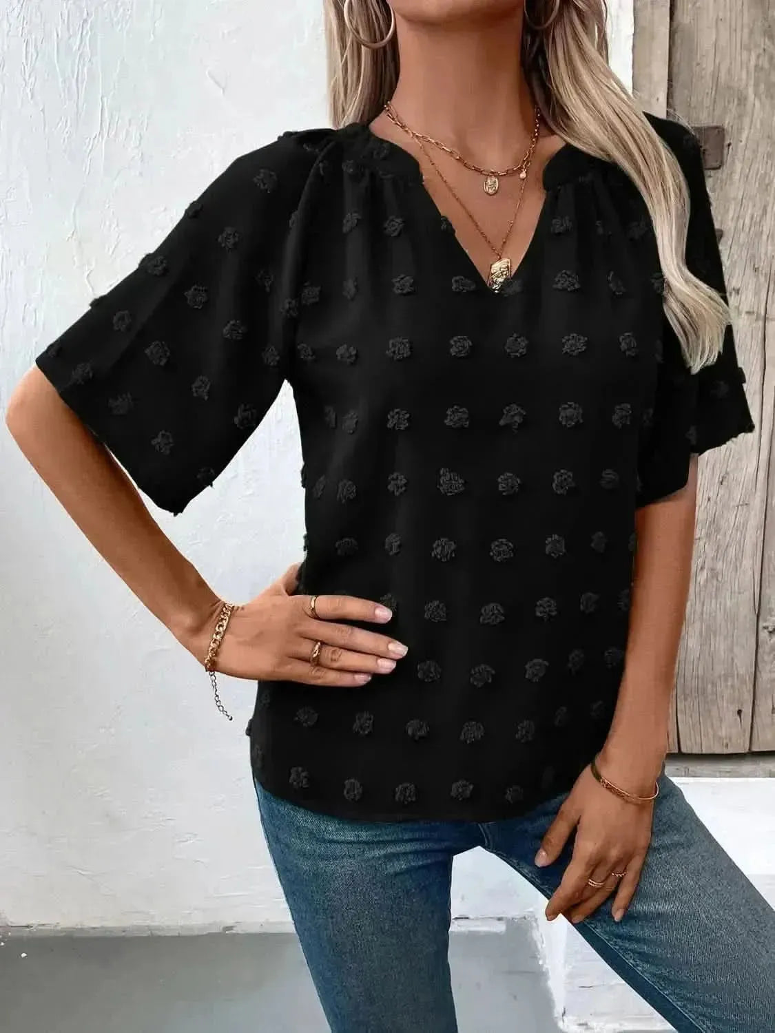 Ivy Lane Swiss Dot Notched Half Sleeve Blouse - Bad Moms Club