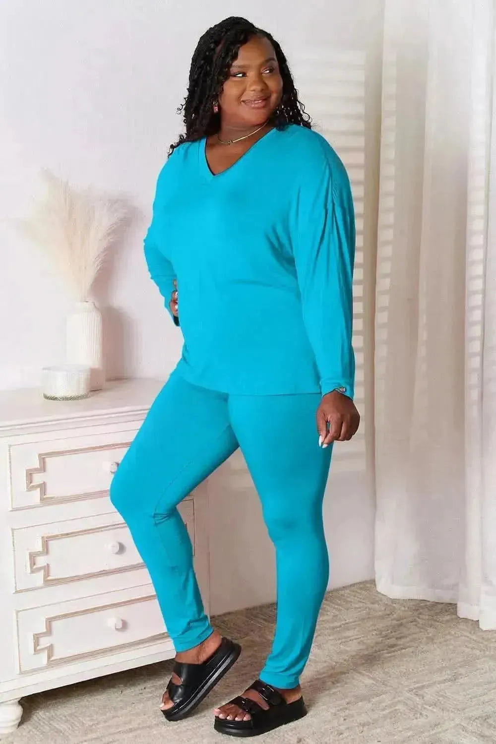 Basic Bae Full Size V-Neck Soft Rayon Long Sleeve Top and Pants Lounge Set - Bad Moms Club