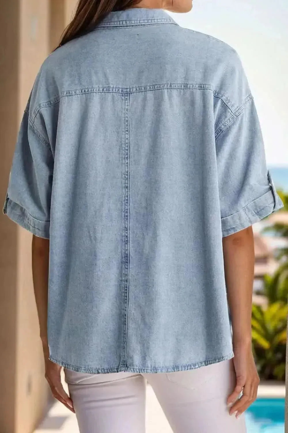 Pocketed Button Up Half Sleeve Denim Shirt - Bad Moms Club