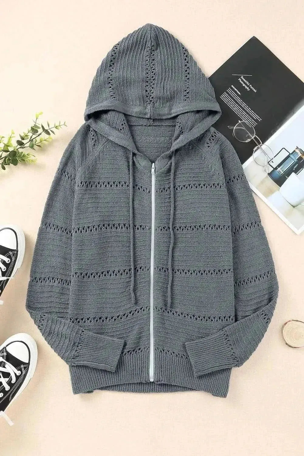 Zip-Up Raglan Sleeve Openwork Hooded Cardigan - Bad Moms Club