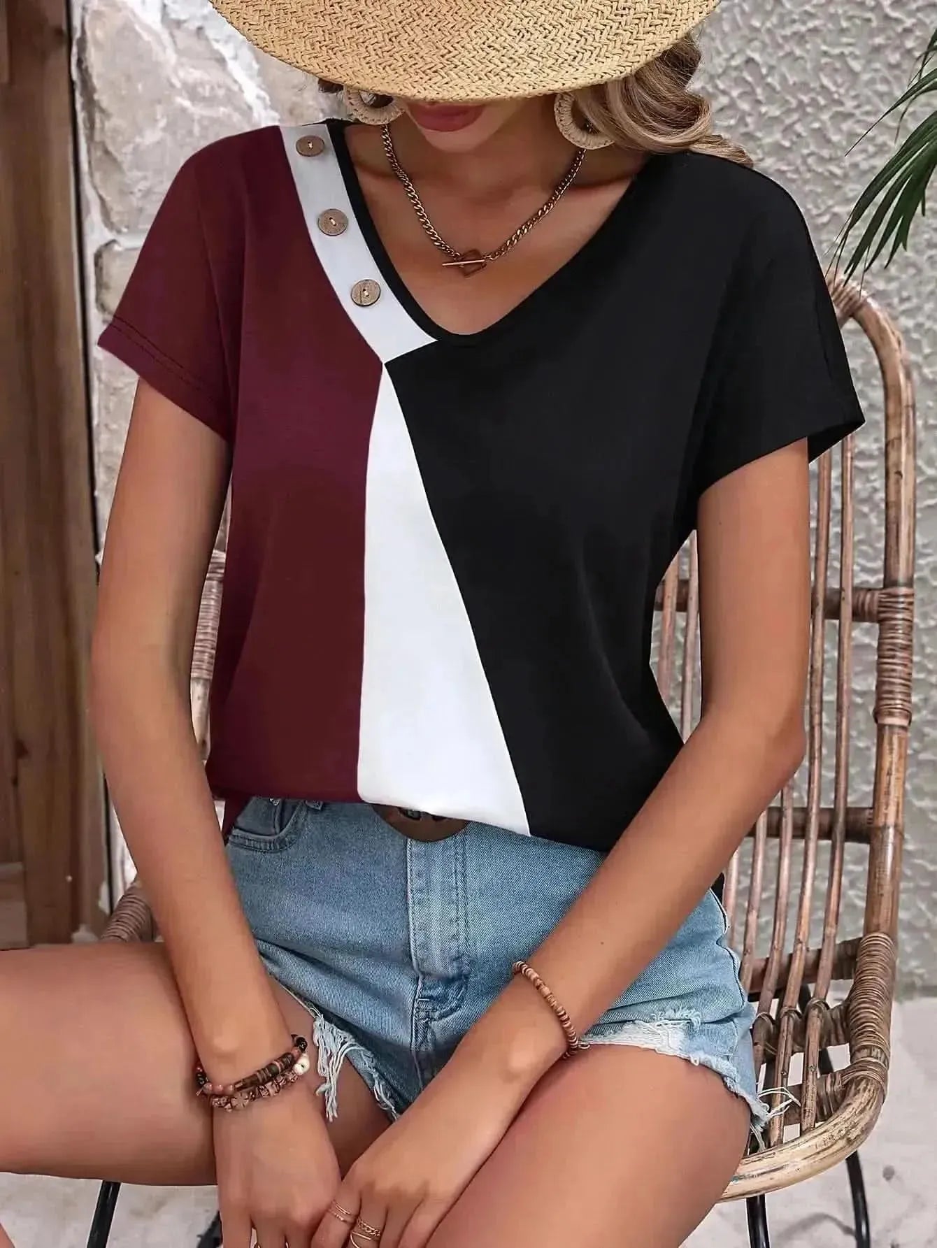 Ivy Lane Color Block Decorative Button V-Neck Tee - Bad Moms Club
