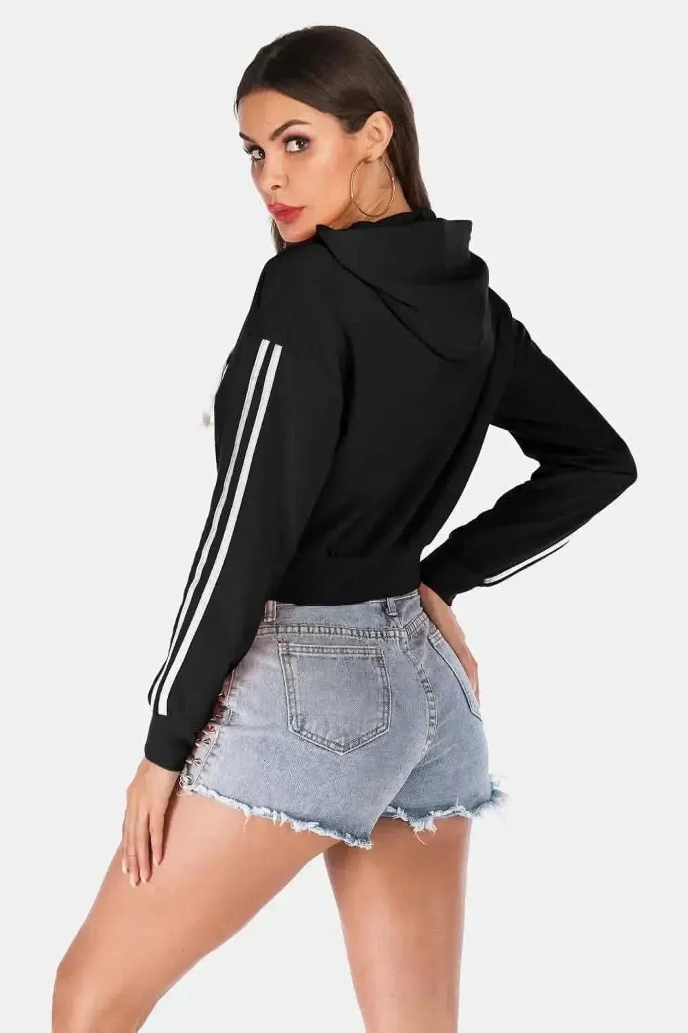 Perfee Side Stripe Drawstring Cropped Hooded Jacket - Bad Moms Club