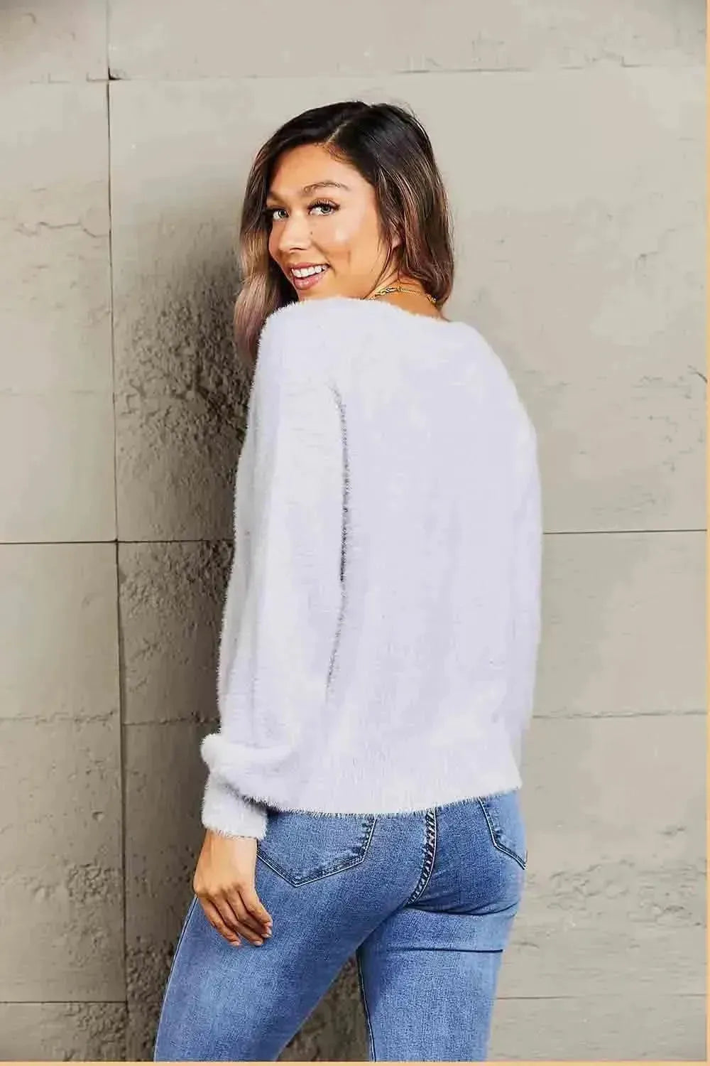 Fuzzy Long Sleeve Button Down Cardigan - Bad Moms Club