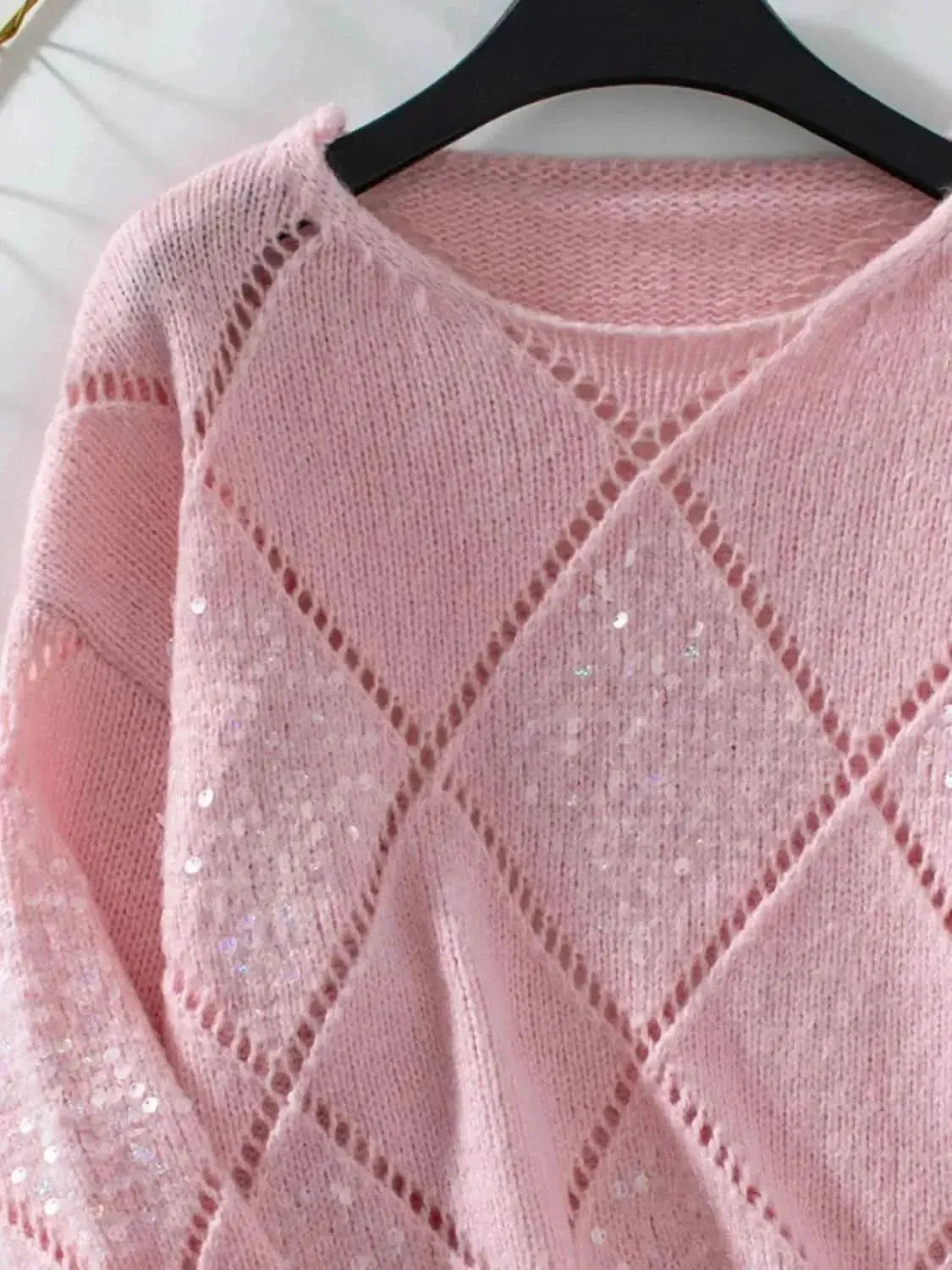 Openwork Round Neck Long Sleeve Knit Top - Bad Moms Club
