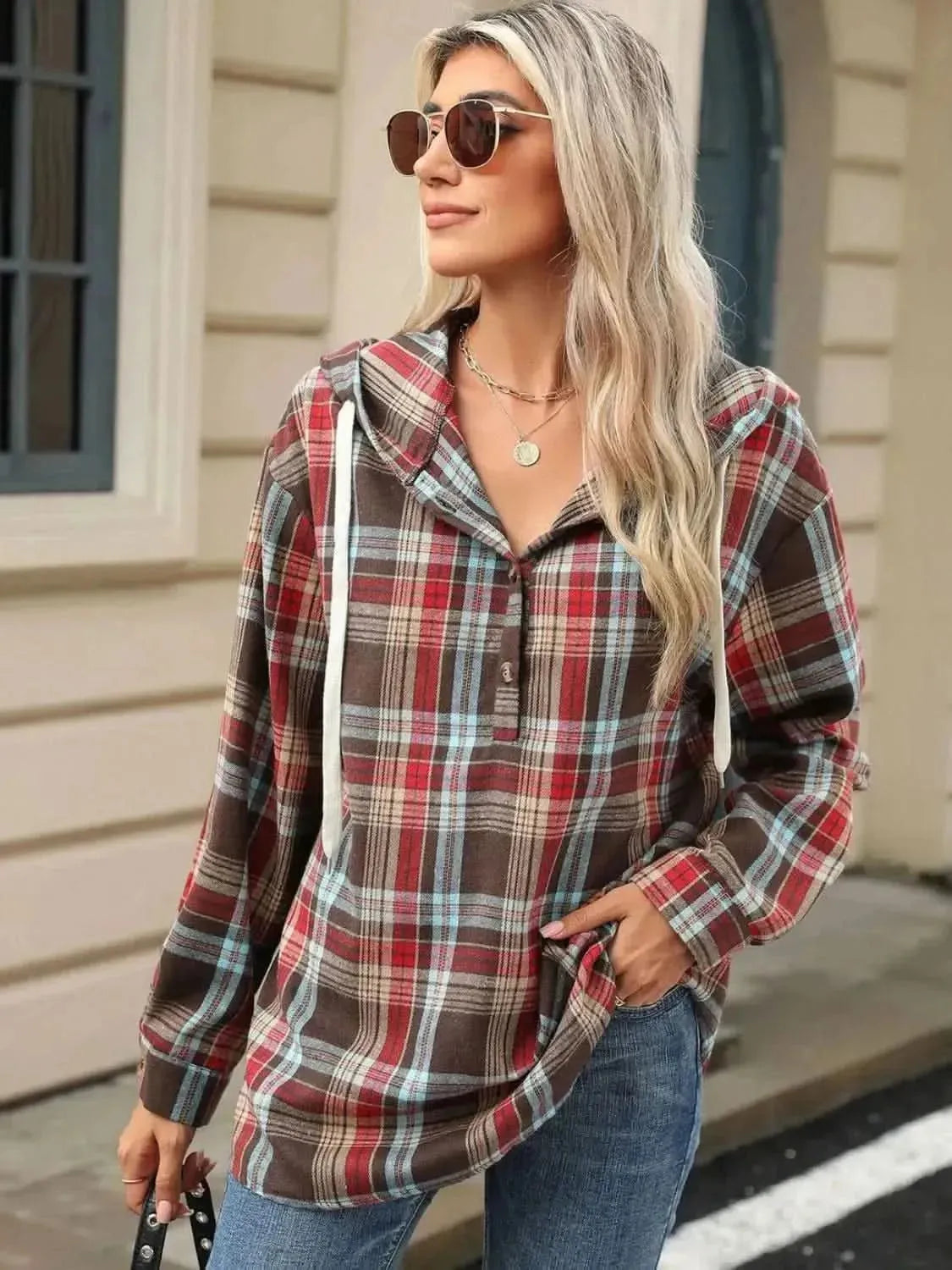 Drawstring Plaid Hooded Long Sleeve Top - Bad Moms Club