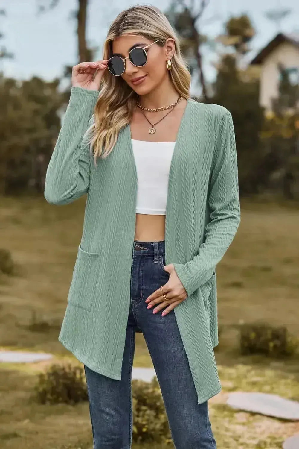 Cable-Knit Long Sleeve Cardigan with Pocket - Bad Moms Club