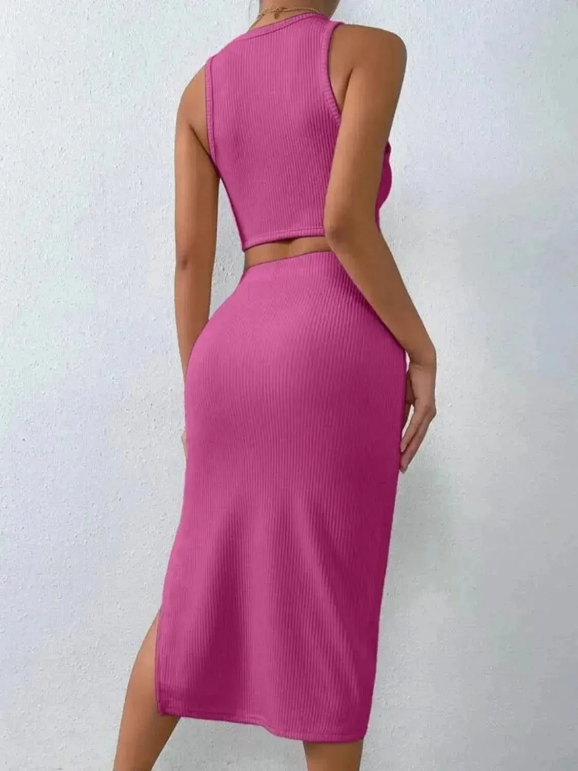 Ribbed Round Neck Tank and Slit Skirt Sweater Set - Bad Moms Club