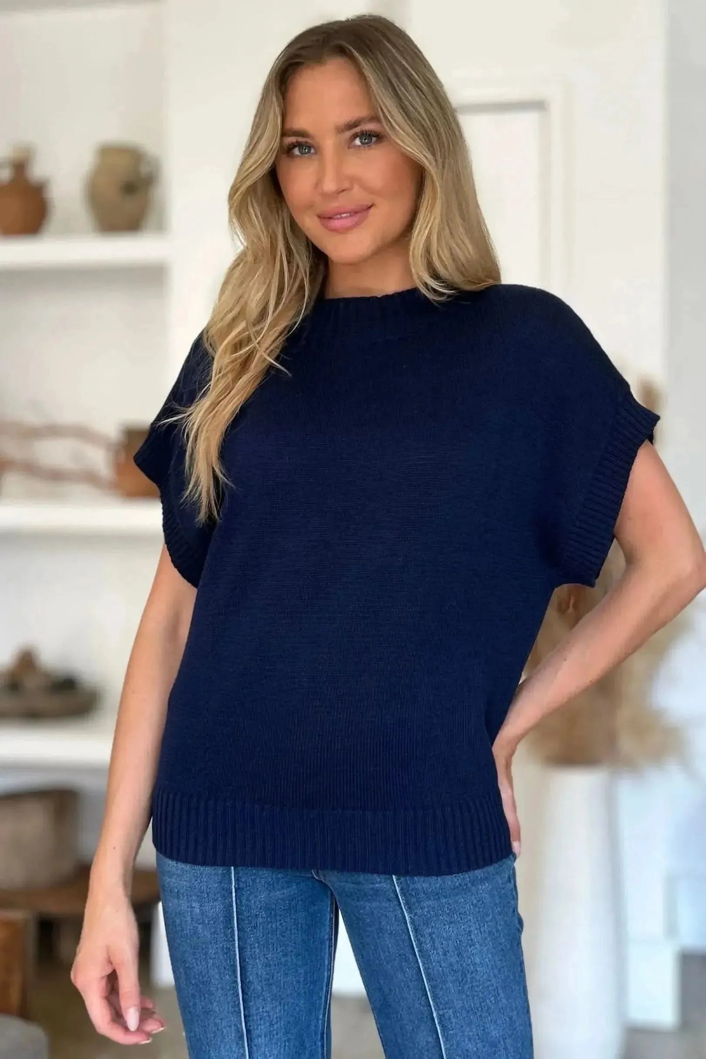 Double Take Full Size Mock Neck Short Sleeve Sweater - Bad Moms Club