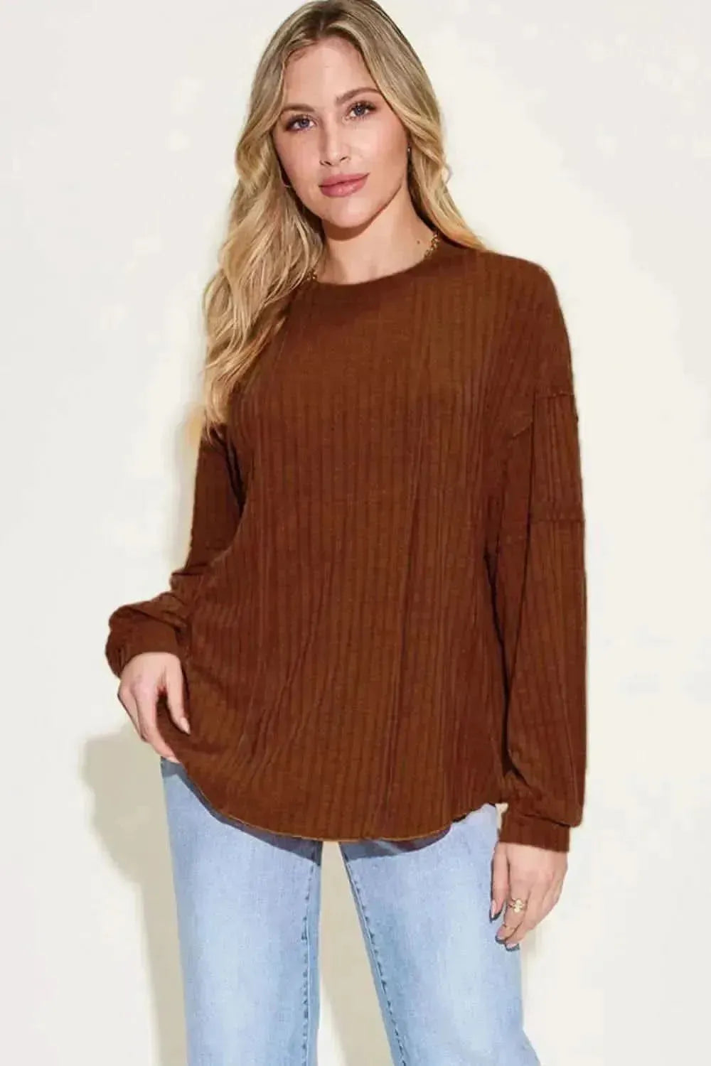 Basic Bae Full Size Ribbed Round Neck Long Sleeve T-Shirt - Bad Moms Club