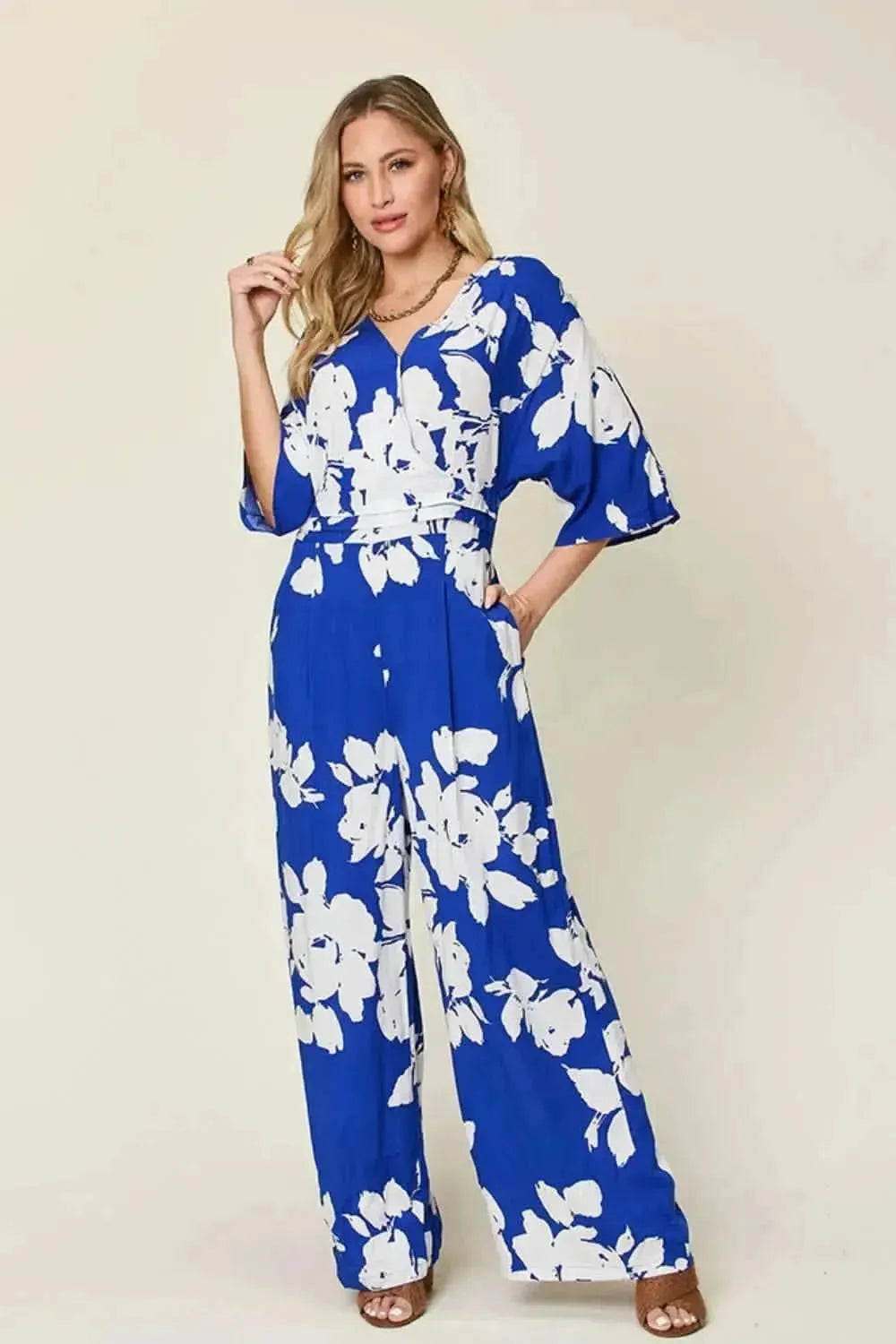 Double Take Full Size Printed Tie Back Wide Leg Jumpsuit - Bad Moms Club