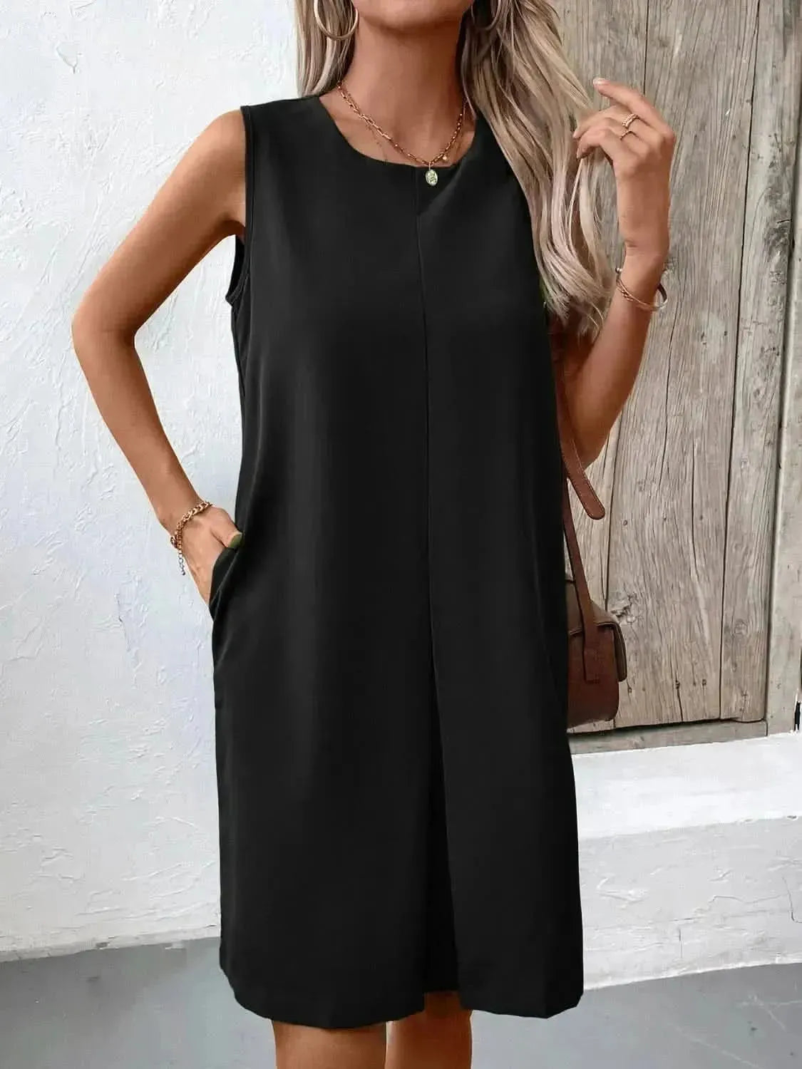 Ivy Lane Pocketed Round Neck Sleeveless Mini Dress - Bad Moms Club