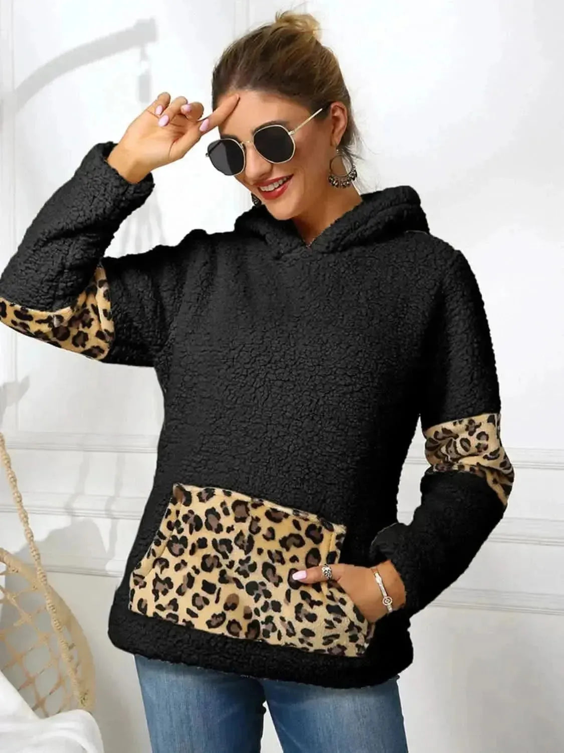 Ivy Lane Sherpa Leopard Long Sleeve Hoodie - Bad Moms Club