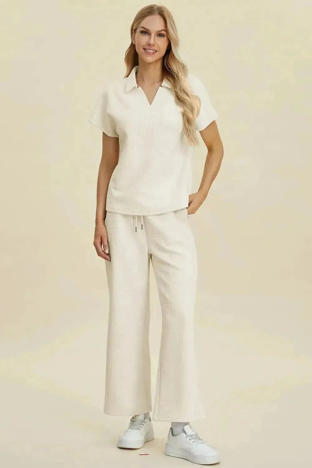 Double Take Full Size Collared Neck Short Sleeve Top and Pants Set - Bad Moms Club