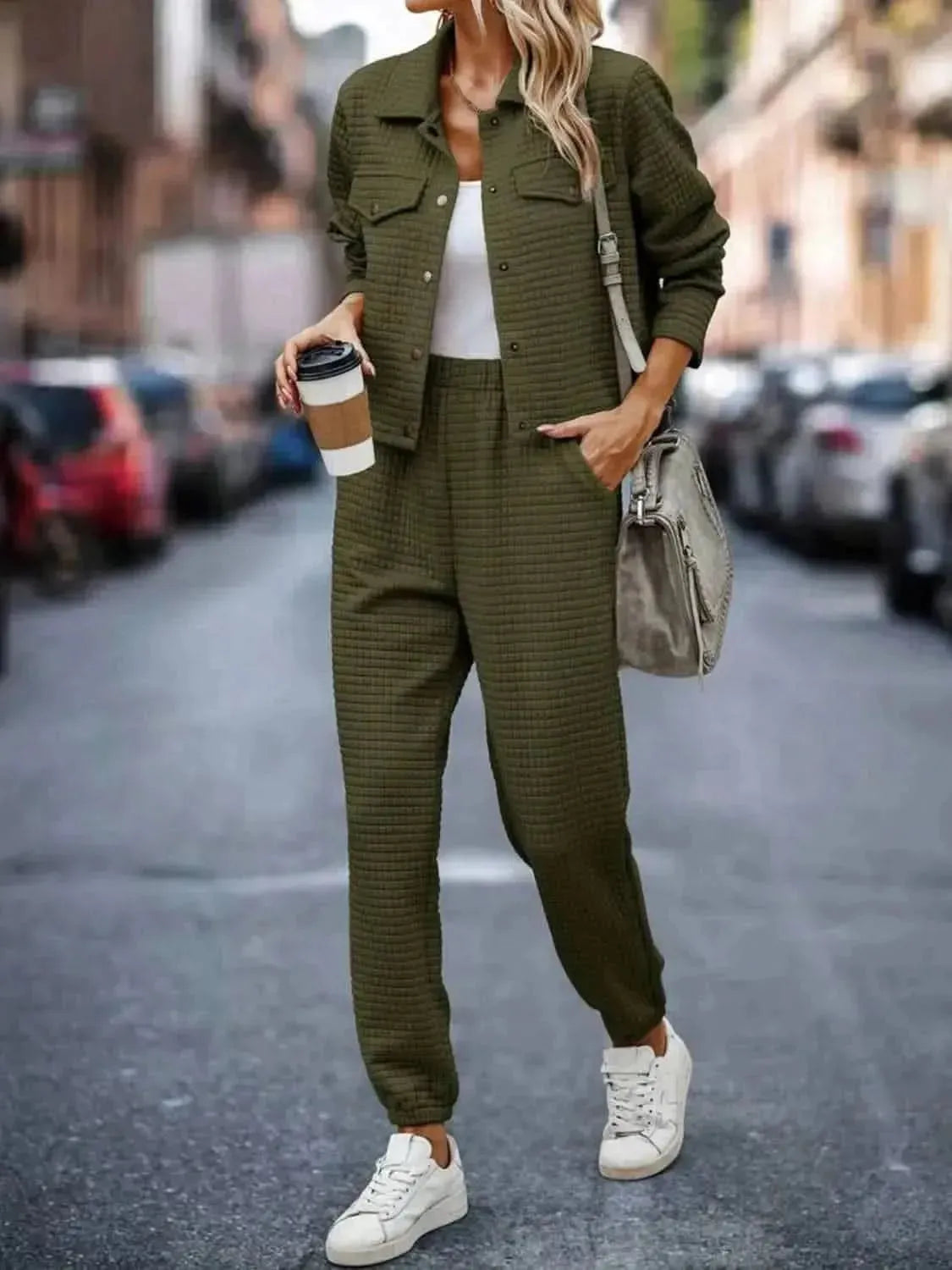 Plaid Texture Snap Down Top and Pants Set - Bad Moms Club