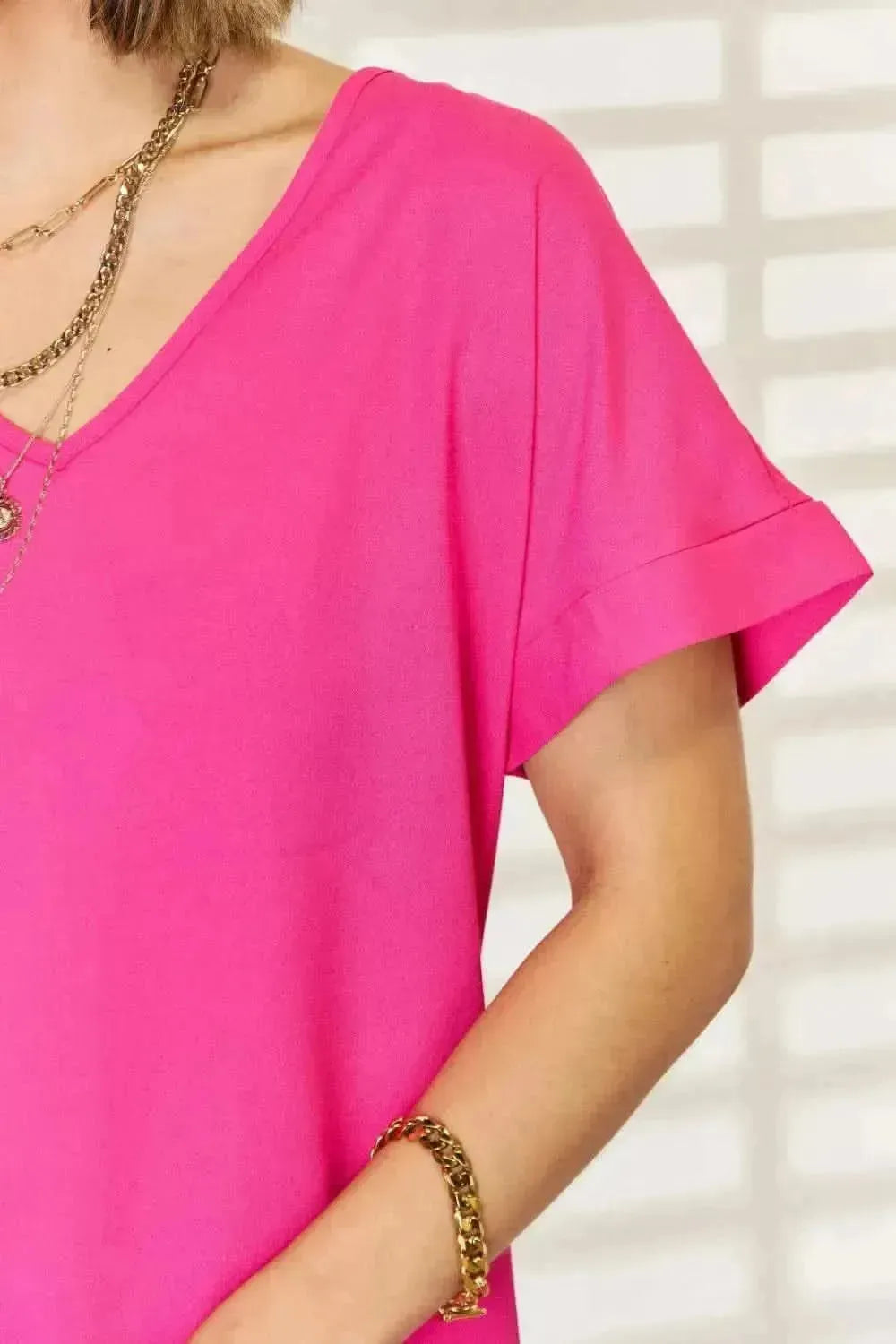 Zenana V-Neck Rolled Short Sleeve T-Shirt - Bad Moms Club