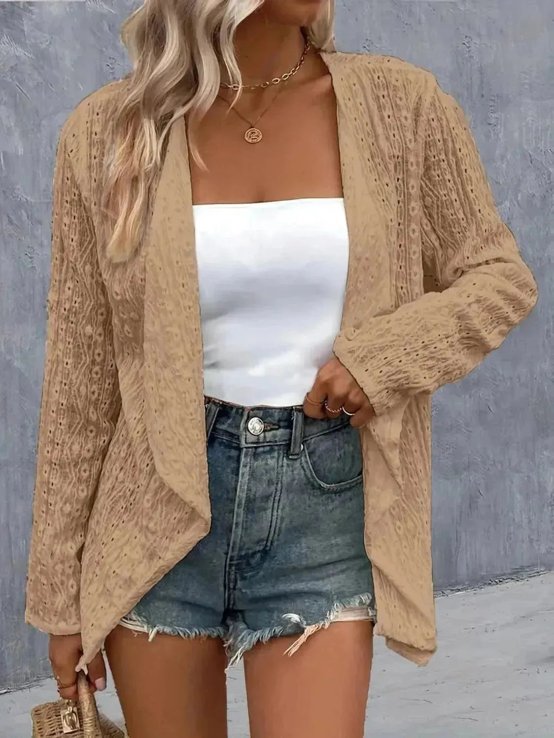 Eyelet Roll-Tab Sleeve Cardigan - Bad Moms Club