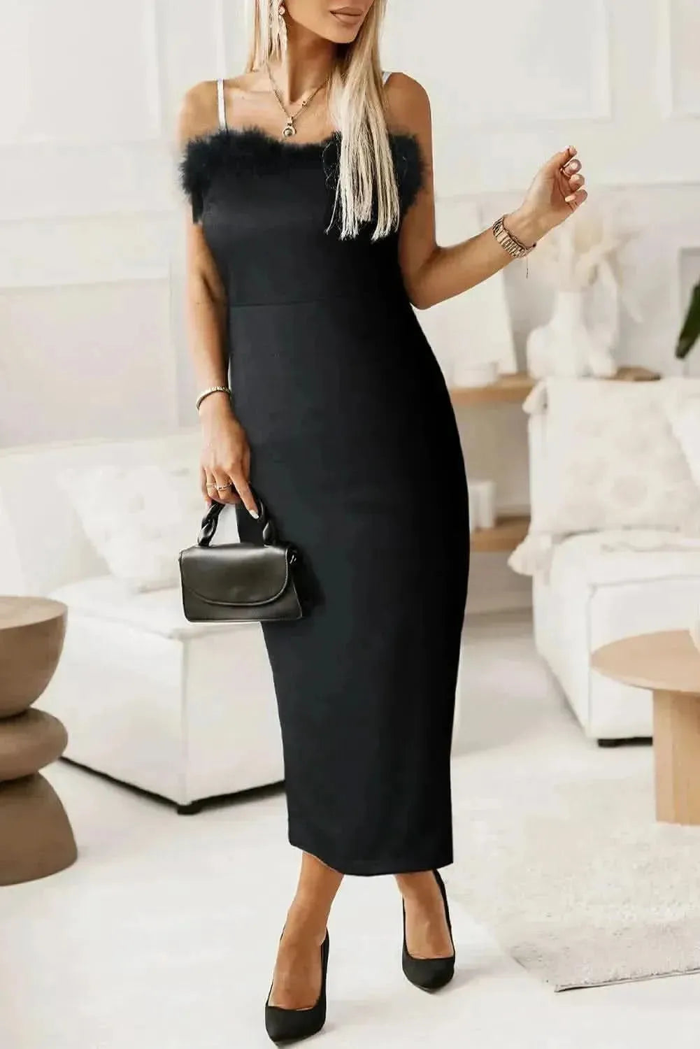 Slit Plush Trim Spaghetti Strap Dress - Bad Moms Club