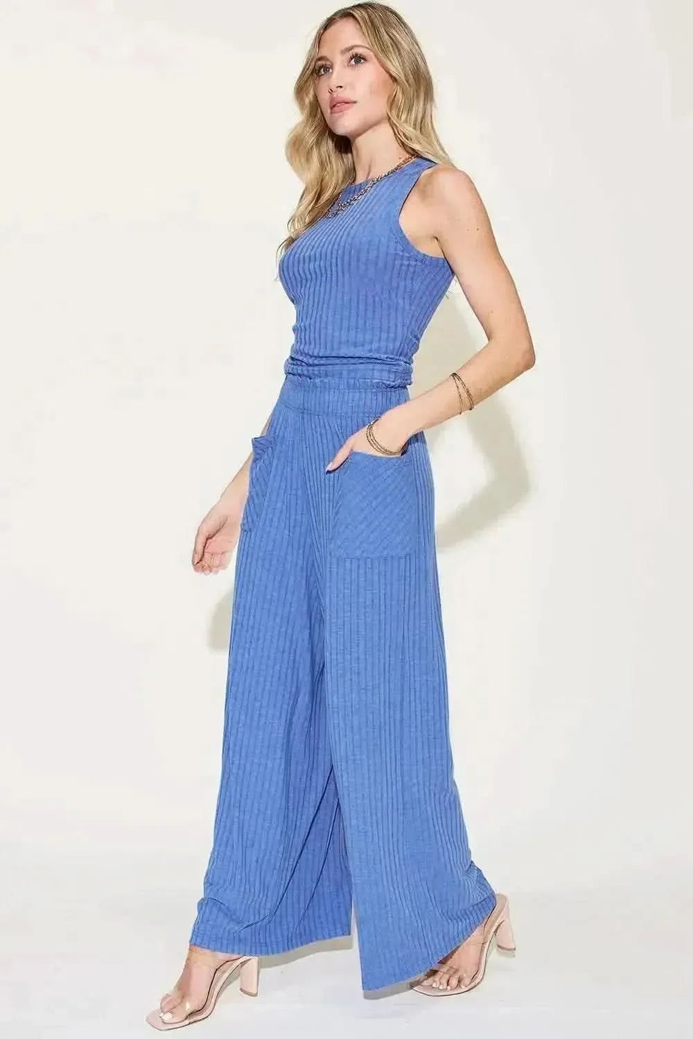 Basic Bae Full Size Ribbed Tank and Wide Leg Pants Set - Bad Moms Club