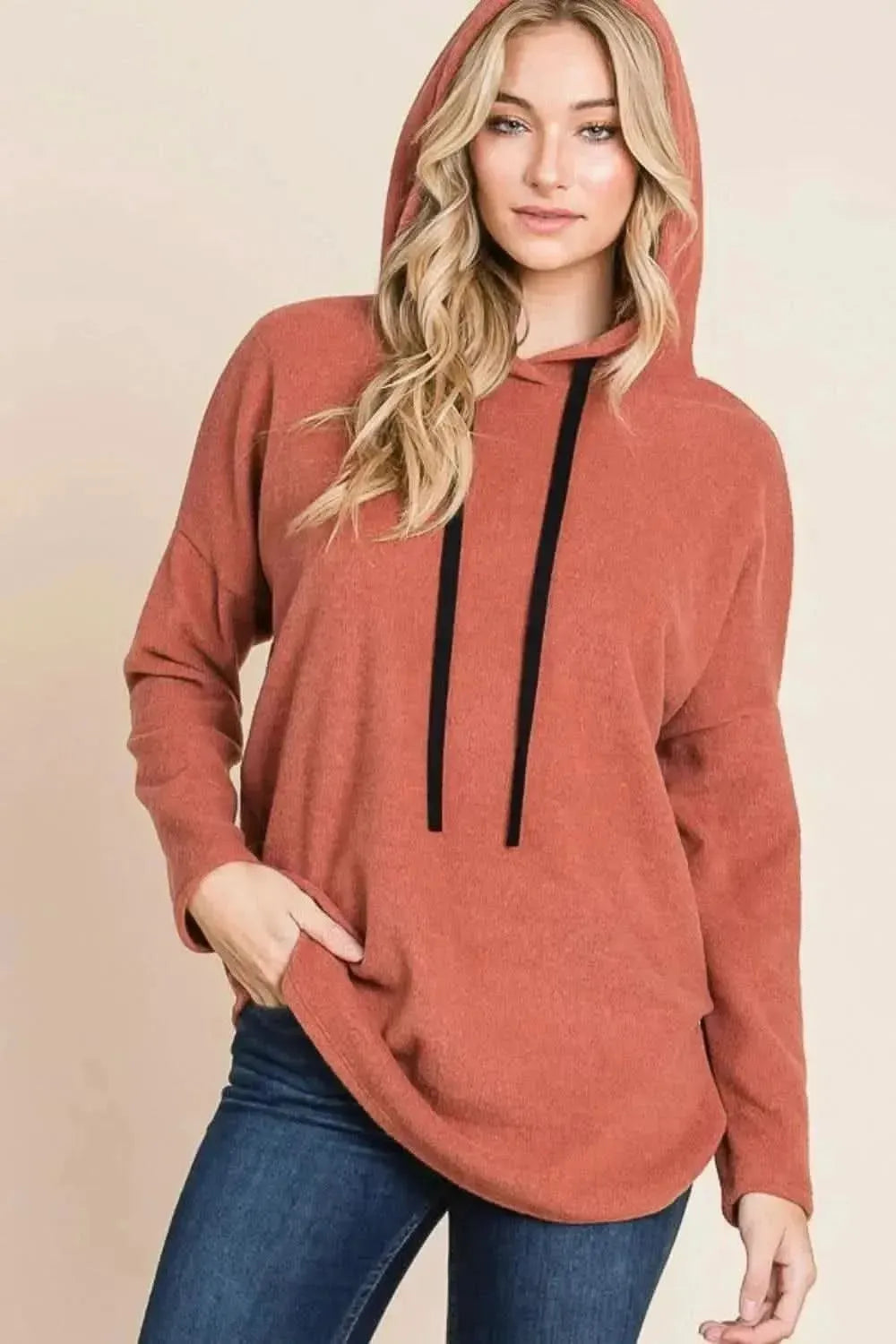 BOMBOM Contrast Drawstring Drop Shoulder Knit Hoodie - Bad Moms Club