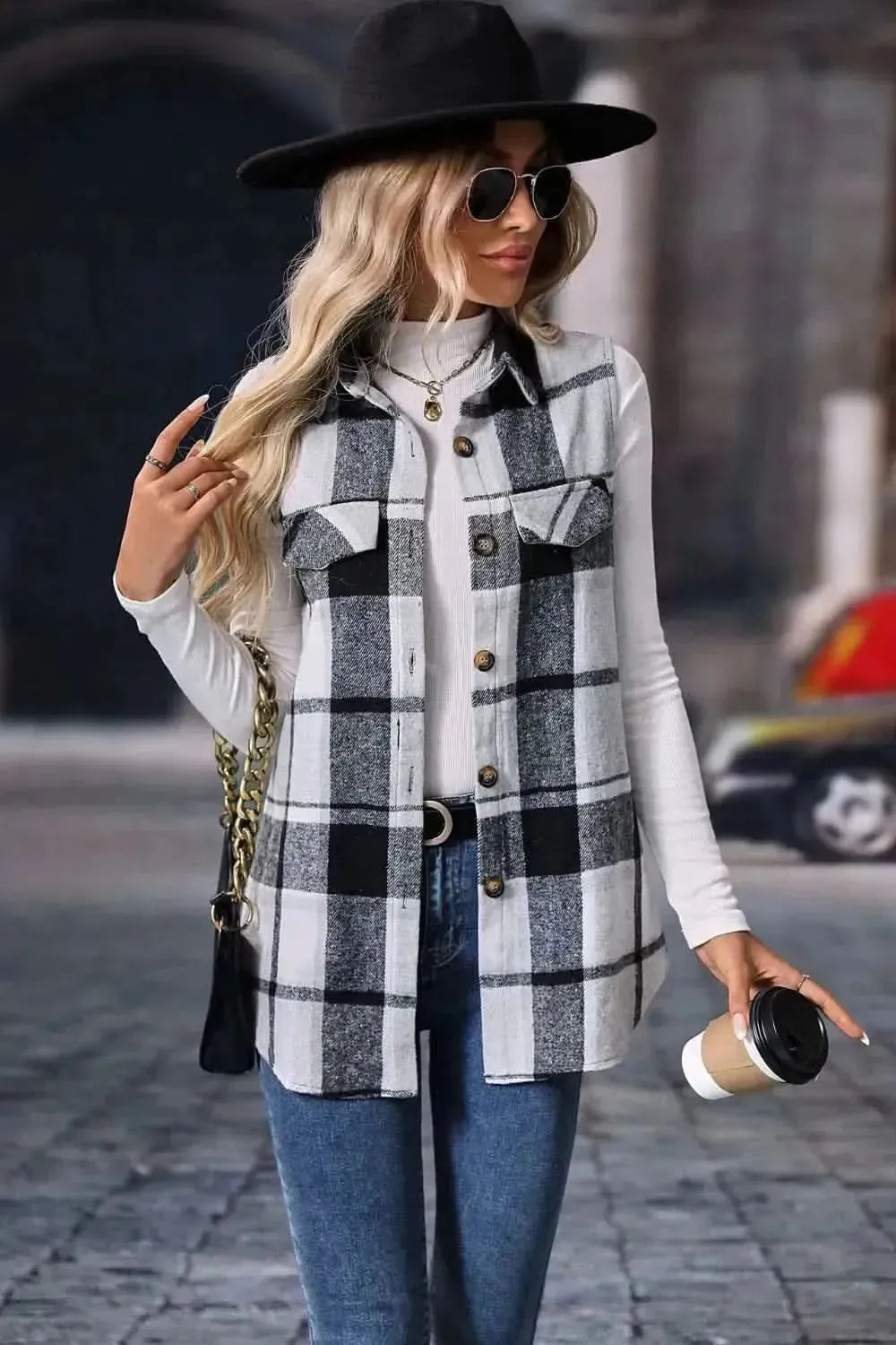 Plaid Button Up Vest Coat - Bad Moms Club