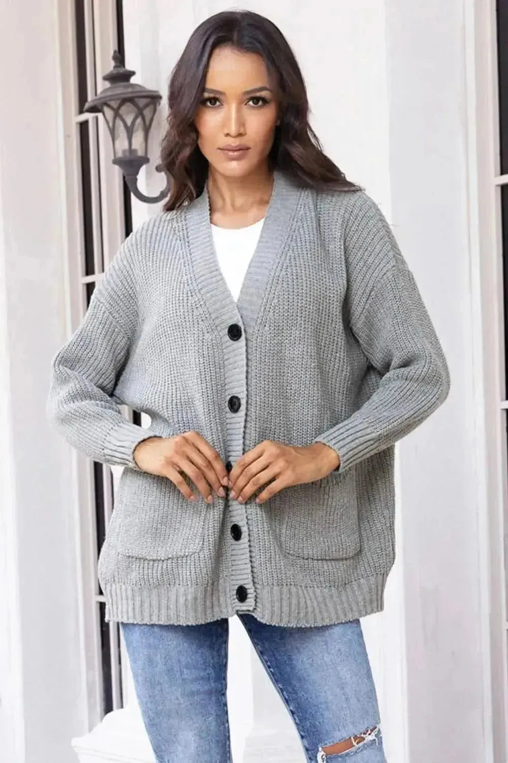 Button Up Long Sleeve Cardigan with Pockets - Bad Moms Club