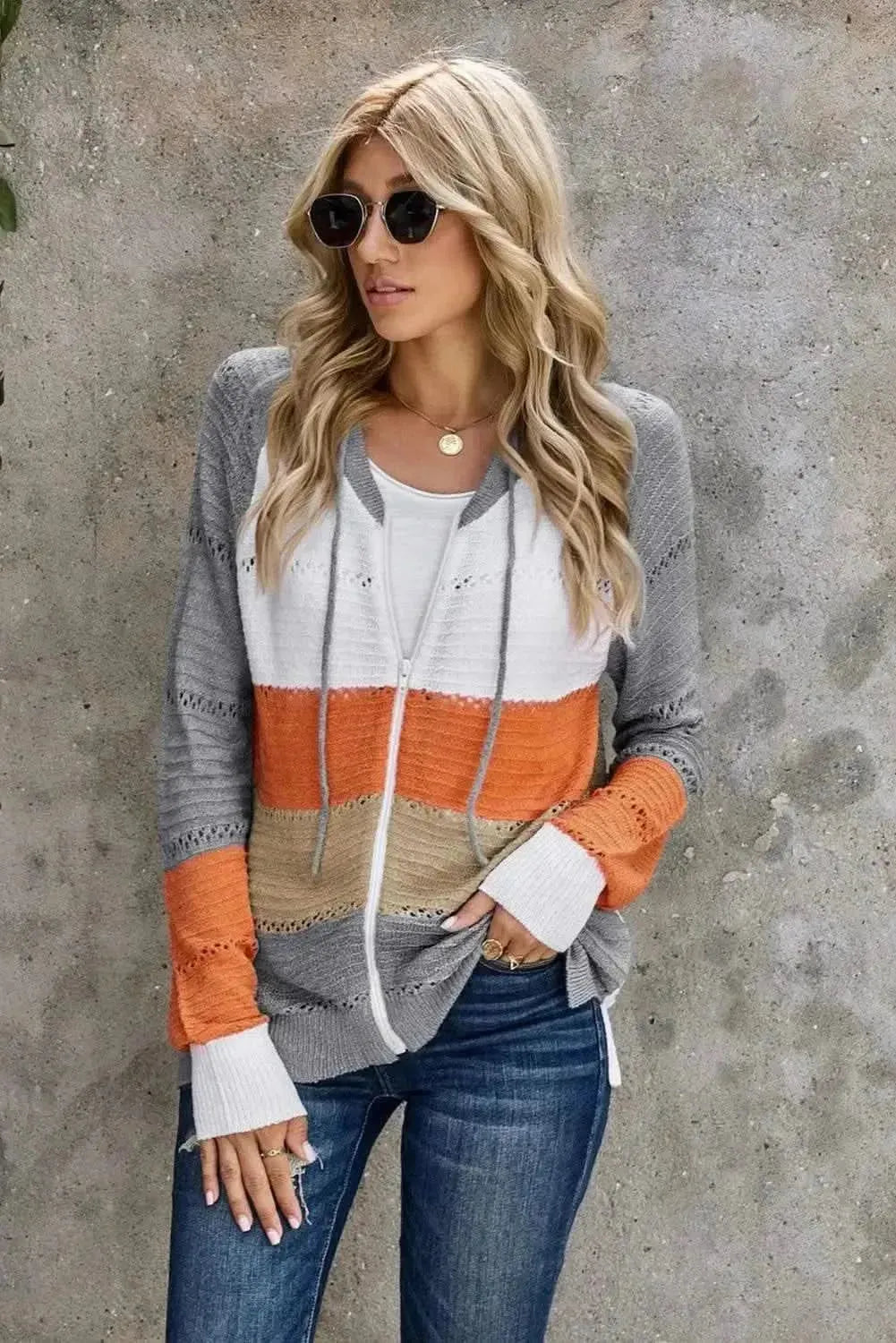 Zip-Up Raglan Sleeve Openwork Hooded Cardigan - Bad Moms Club