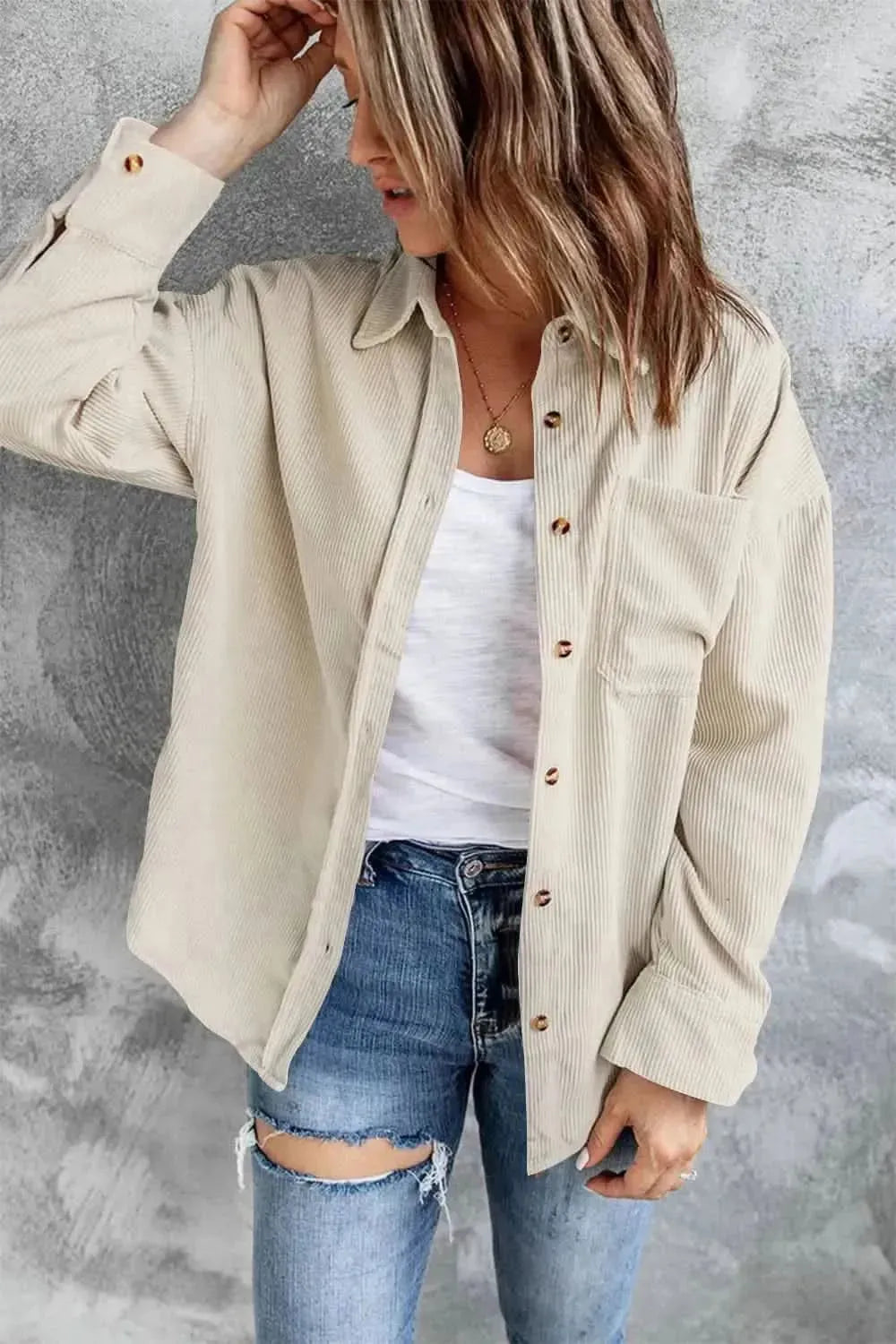 Collared Neck Button Up Dropped Shoulder Shacket - Bad Moms Club