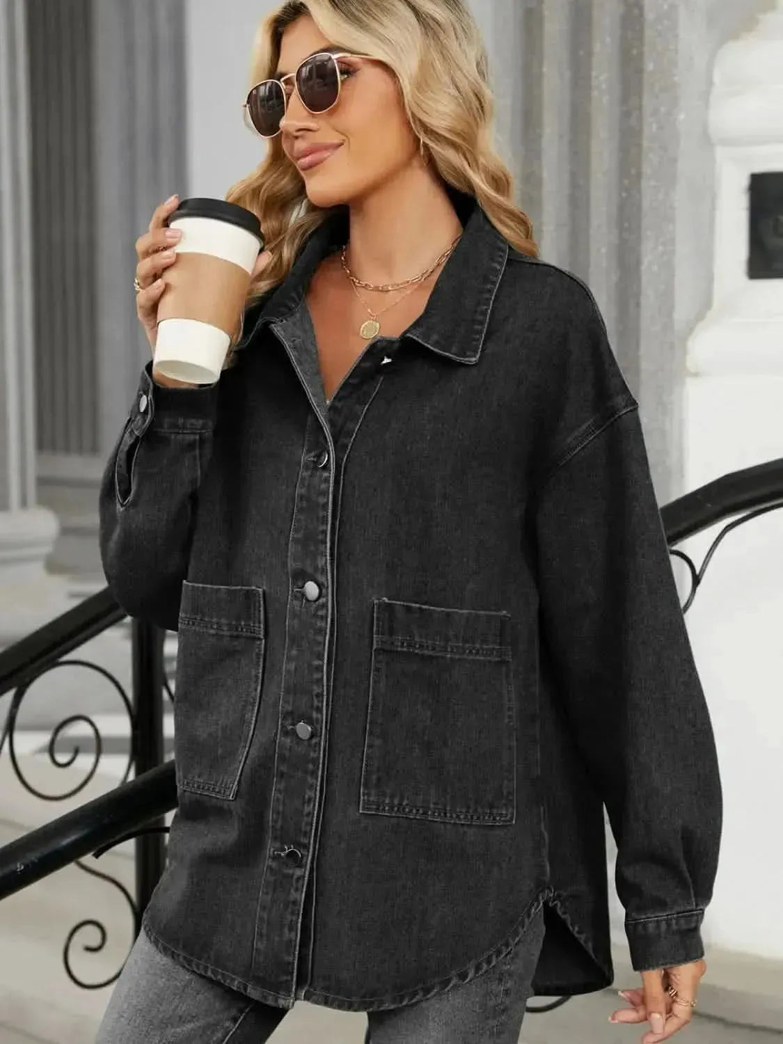 Removable Hood Button Up Long Sleeve Denim Jacket - Bad Moms Club