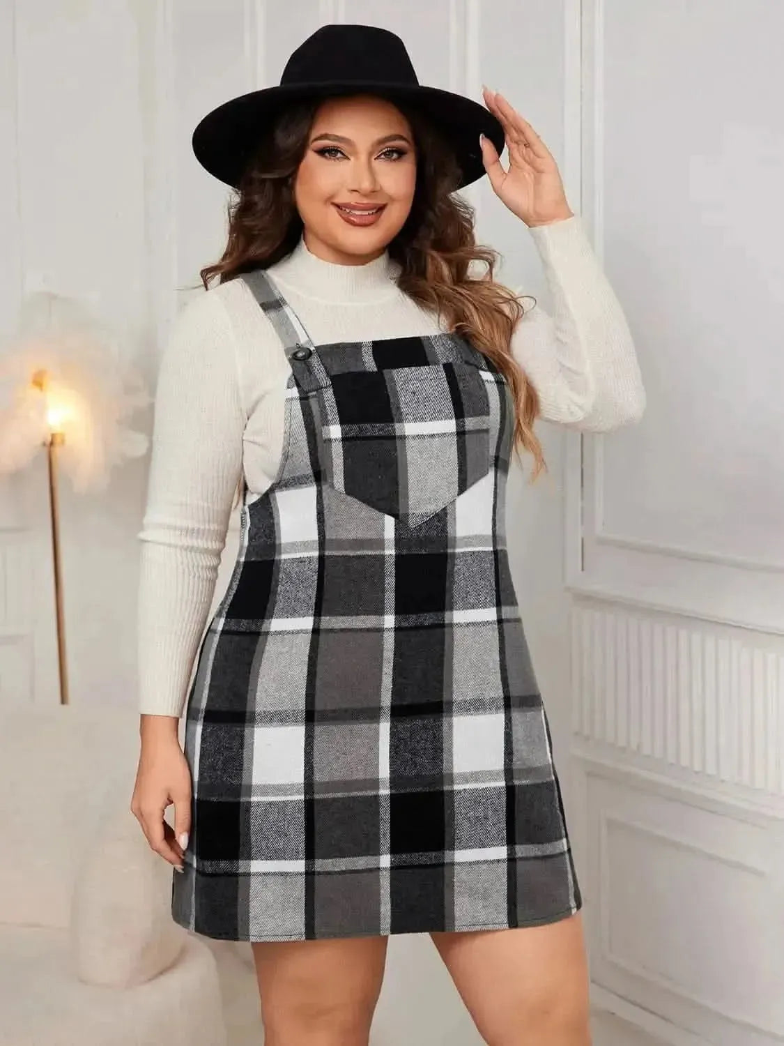 Honey Plus Size Plaid Wide Strap Overall Dress - Bad Moms Club