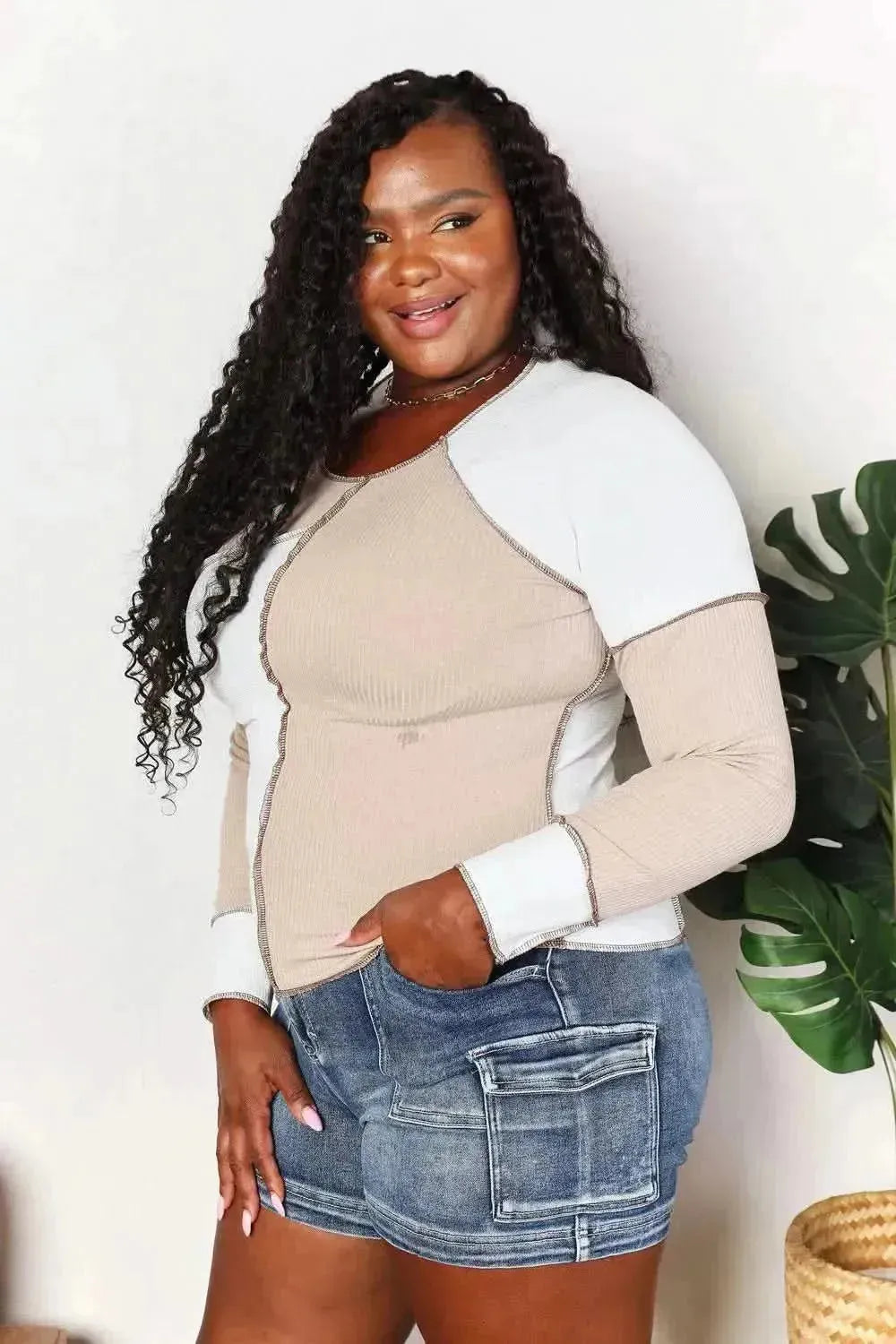 Double Take Color Block Exposed Seam Top - Bad Moms Club