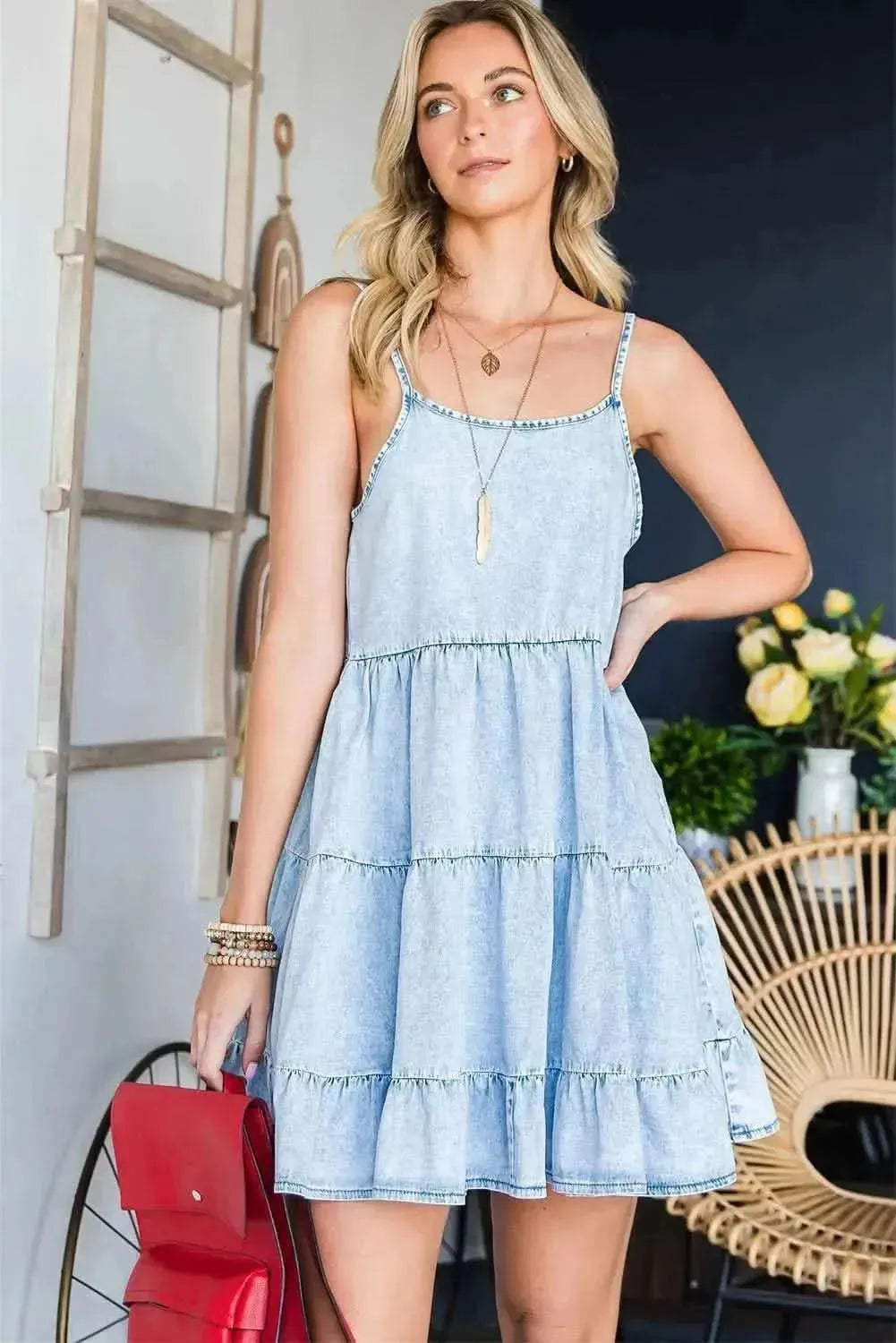 Spaghetti Strap Tiered Denim Dress - Bad Moms Club